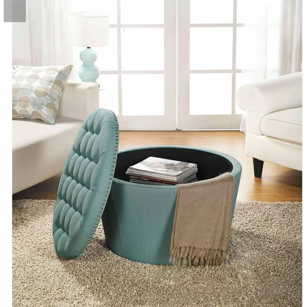 Better Homes & Gardens Round Tufted Storage Ottoman With Nailheads. Teal