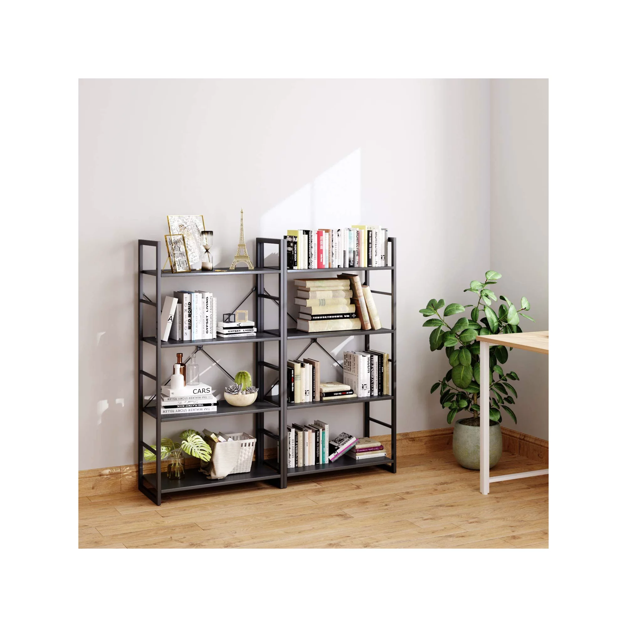 ODK 4-Shelf Ladder Bookshelf. Industrial Bookshelf. Metal frame and Wood Shelves Storage Furniture for Home Office. Black