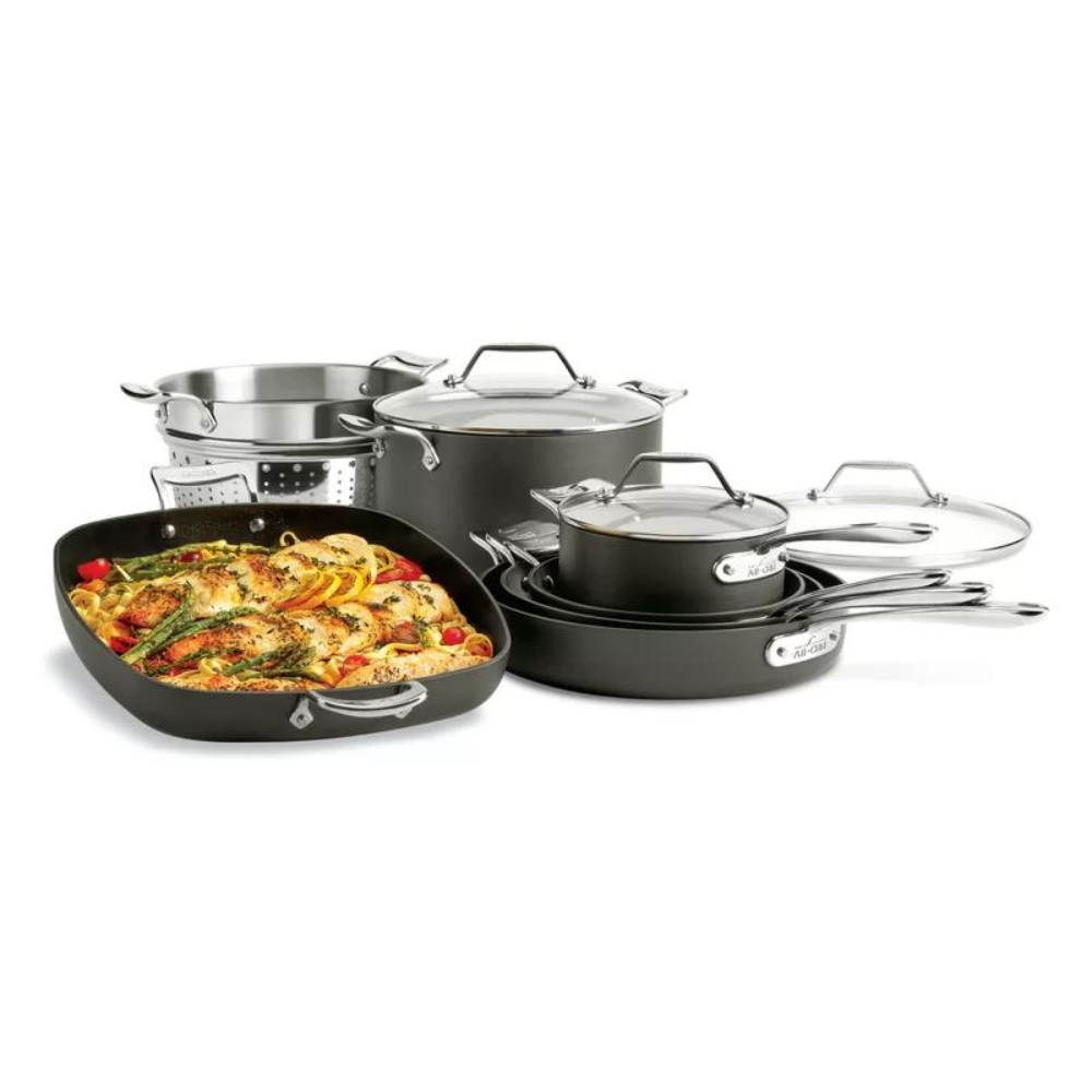 All-Clad Essentials 10 Piece Hard-Anodized Aluminum Non Stick Cookware Set