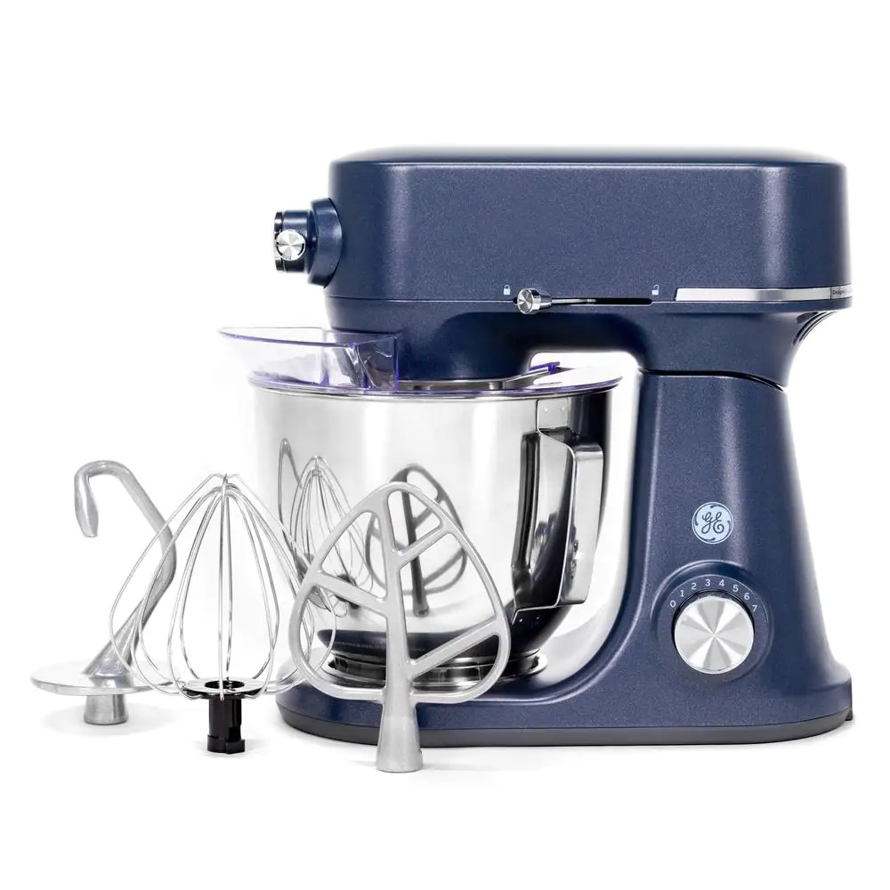 GE 5.3 Qt. 7-Speed Sapphire Blue Stand Mixer with Coated Flat Beater. Coated Dough Hook. Wire Whisk. and Pouring Shield