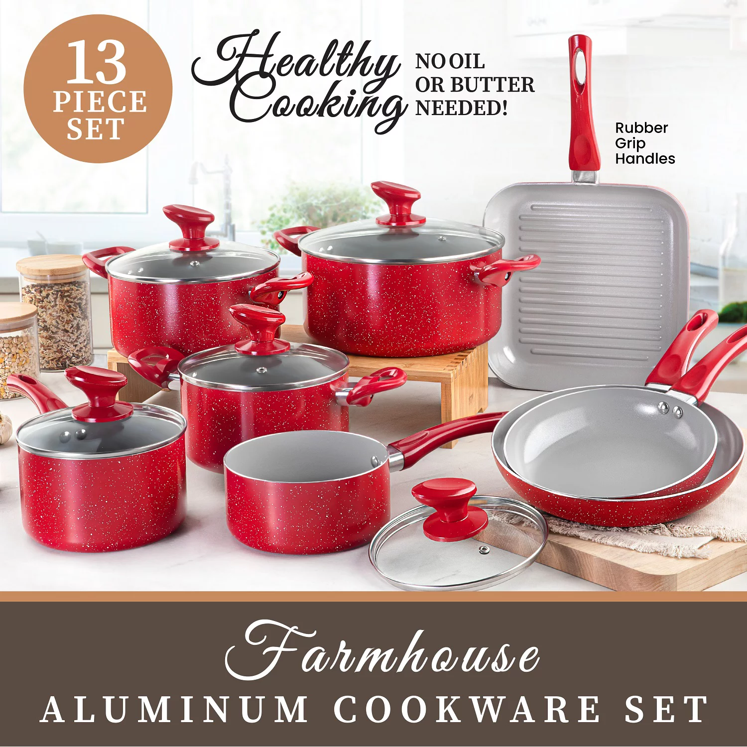 Granitestone Diamond Farmhouse 13 Piece Pots and Pans Set. Nonstick Cookware Set. Red