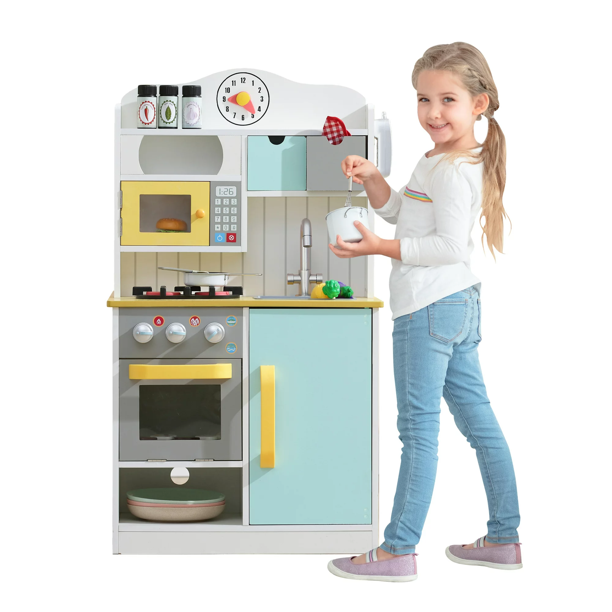 Teamson Kids Little Chef Florence Classic Kids Kitchen Playset with 5 Accessories. White/Blue