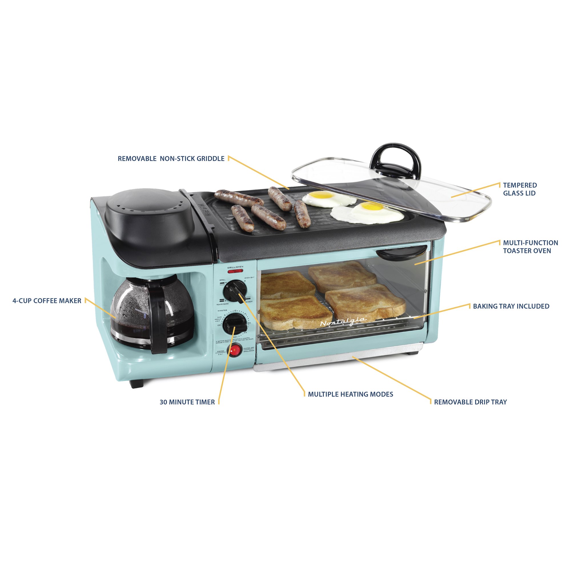 Nostalgia Retro 3-In-1 Family Size Electric Breakfast Station. Coffeemaker. Griddle. Toaster Oven. Aqua