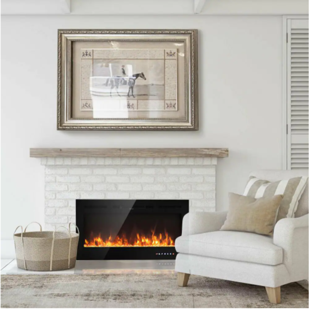 Gymax 40 in. Electric Fireplace Recessed and Wall Mounted 750-Watt/1500-Watt with Multicolor Flame