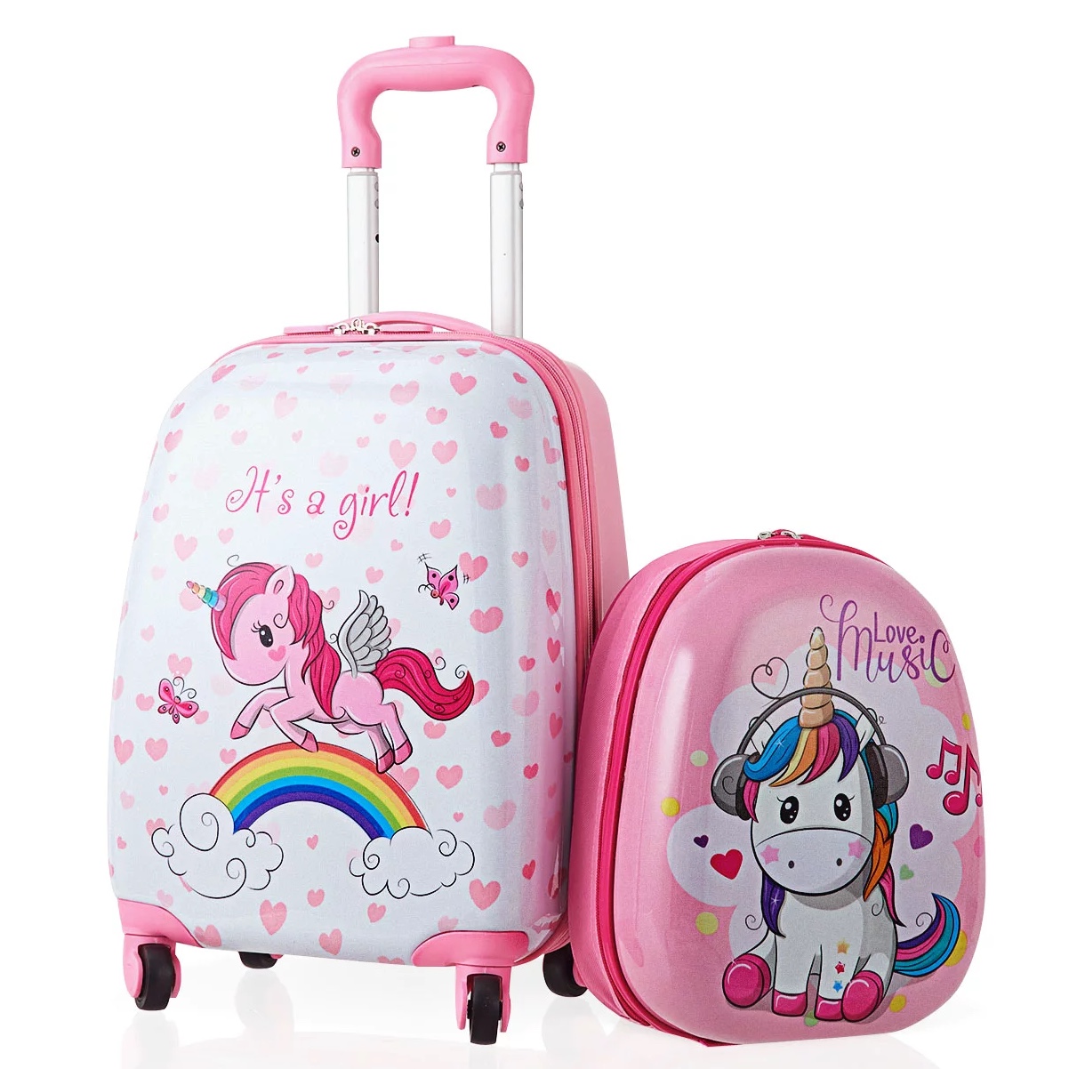 Gymax 2PC Kids Carry-on Luggage Set 12” Backpack & 16” Rolling Suitcase for School Travel. Pink