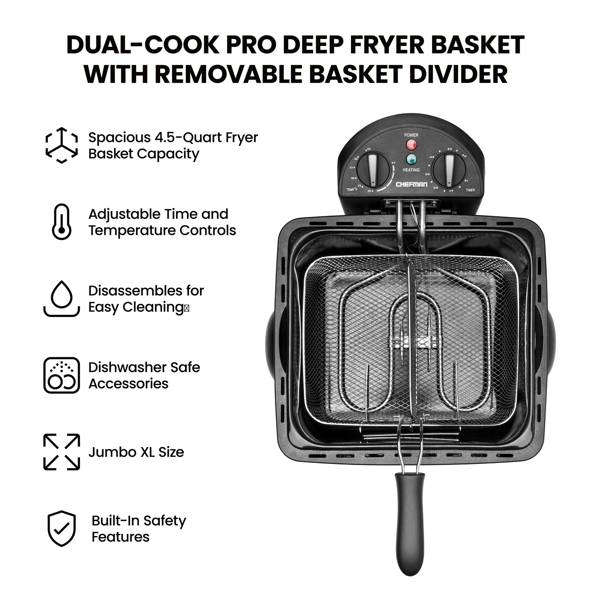 Chefman 4.5L Dual Cook Pro Deep Fryer. Adjustable Temp & Timer. Stainless Steel