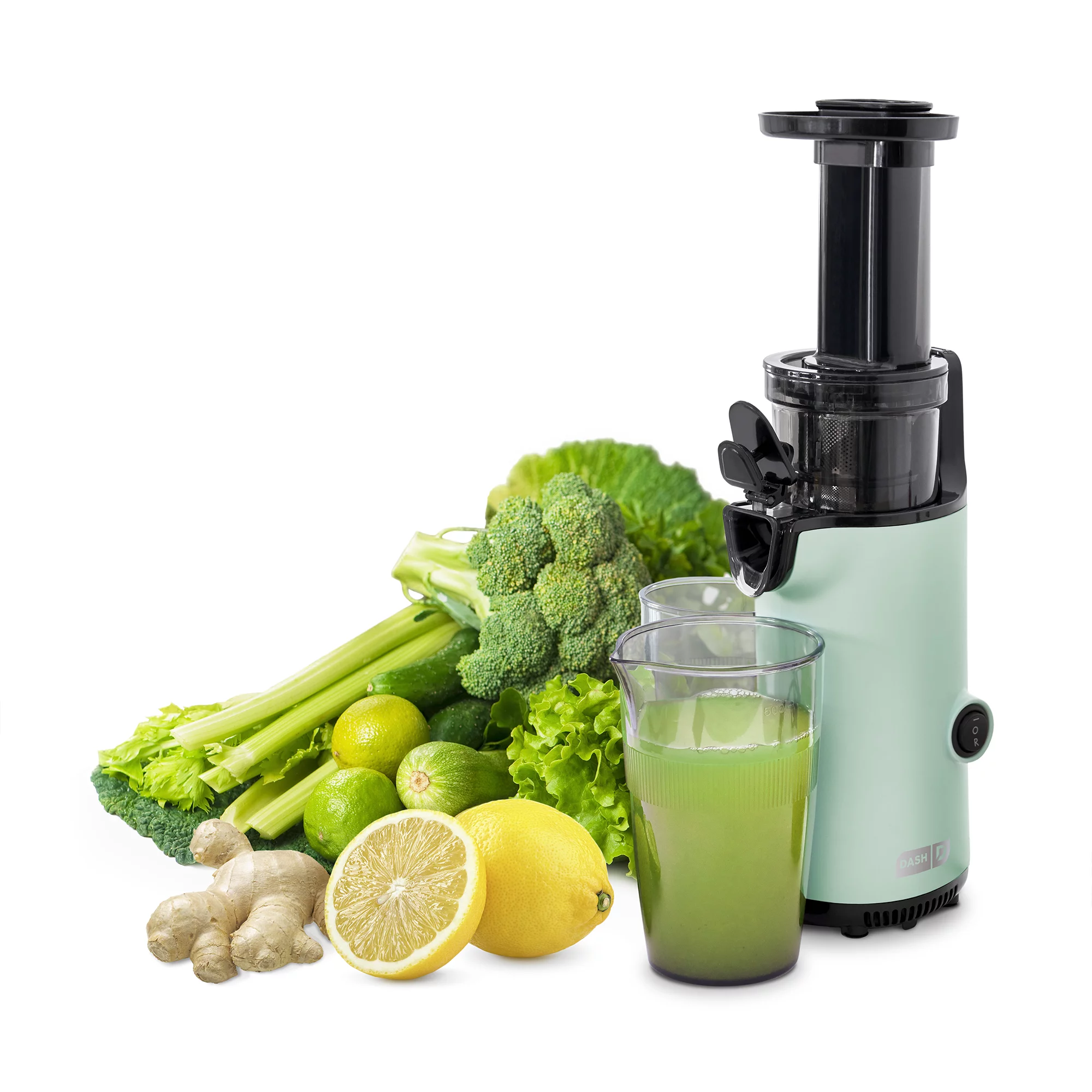 Dash Compact Masticating Slow Juicer. Easy to Clean Cold Press Juicer with Brush. Pulp Measuring Cup and Juice Recipe Guide - Aqua