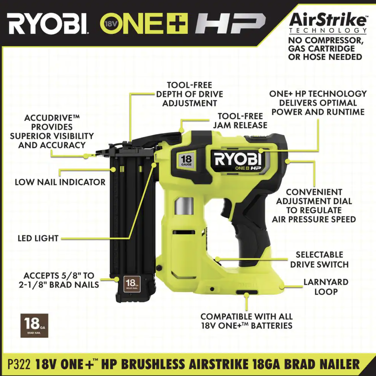 Ryobi ONE+ HP 18V 18-Gauge Brushless Cordless AirStrike Brad Nailer. Tool Only (P322)