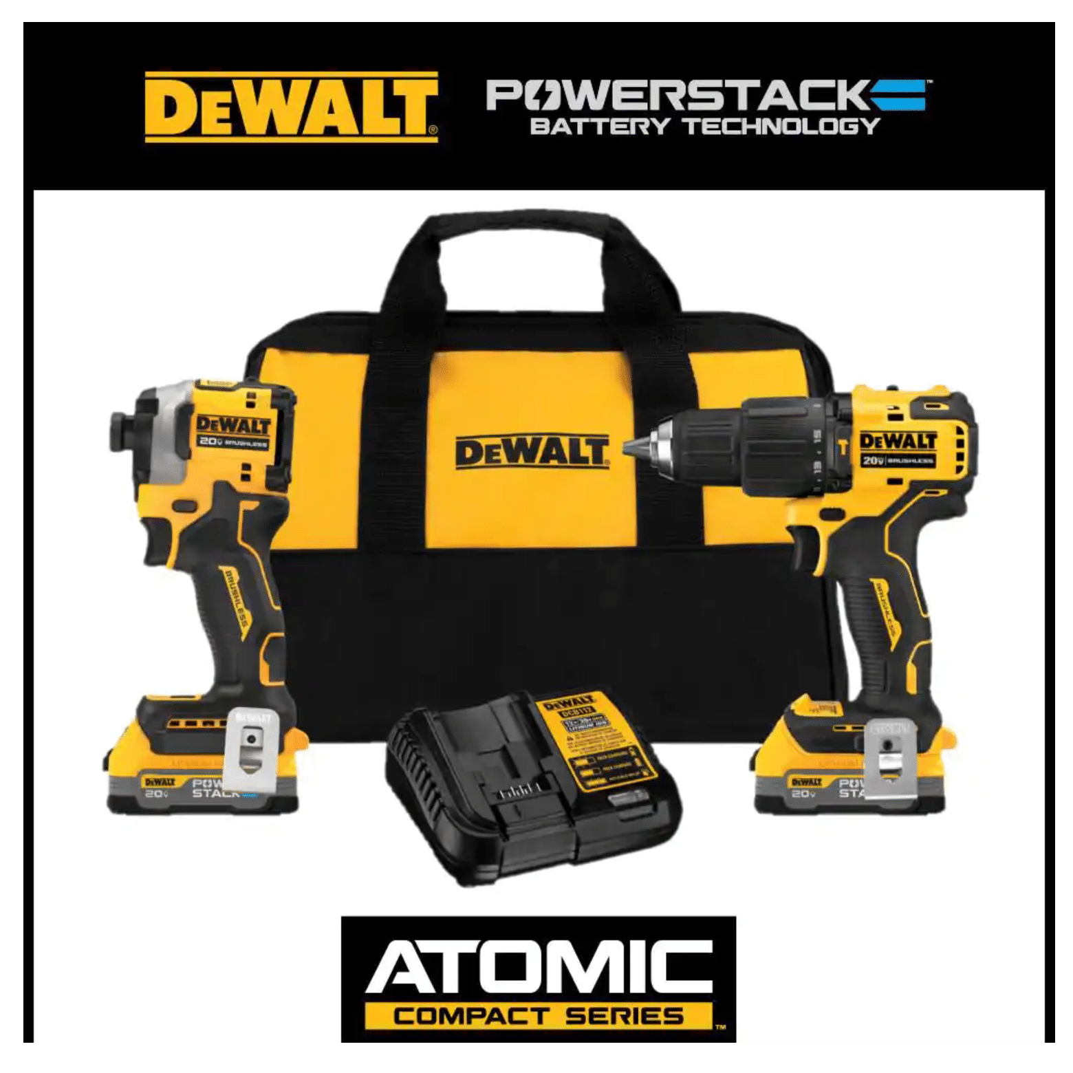 Dewalt 20v Max Lithium-Ion Brushless Cordless Combo Kit (2-Tool) with Two 1.7 Ahr Batteries. Charger & Bag (DCK254E2)