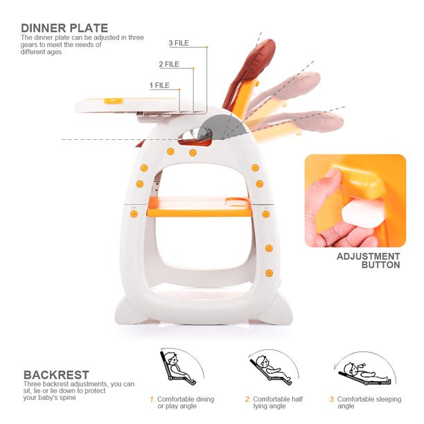 Hommoo 3 In 1 Baby High Chair. Convertible Play Table And Chair Set For Toddler. Adjustable Seat Back. Yellow