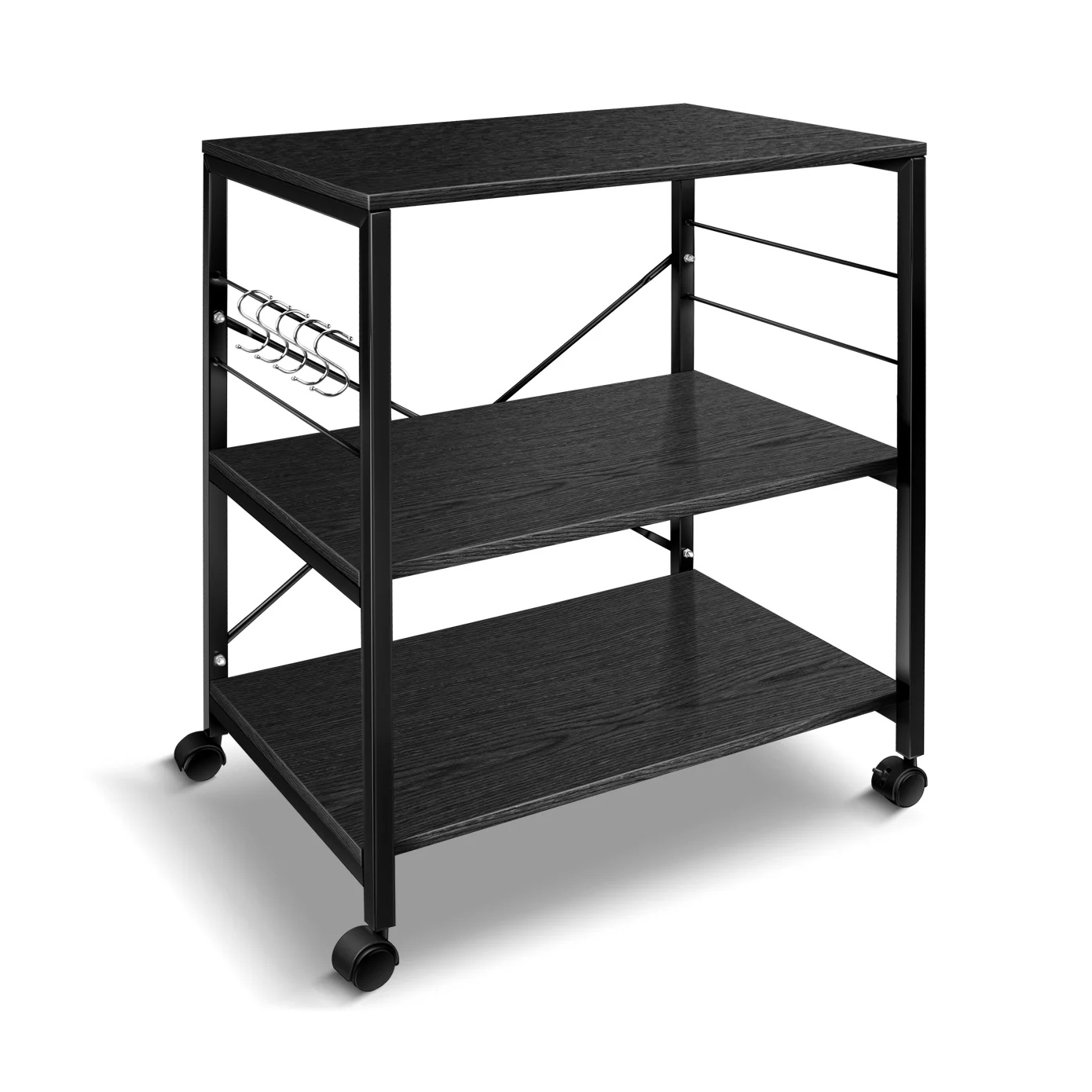 Cheflaud Kitchen Microwave Cart. 3-Tier Kitchen Utility Cart Vintage Rolling Bakers Rack with 5 Hooks. Black