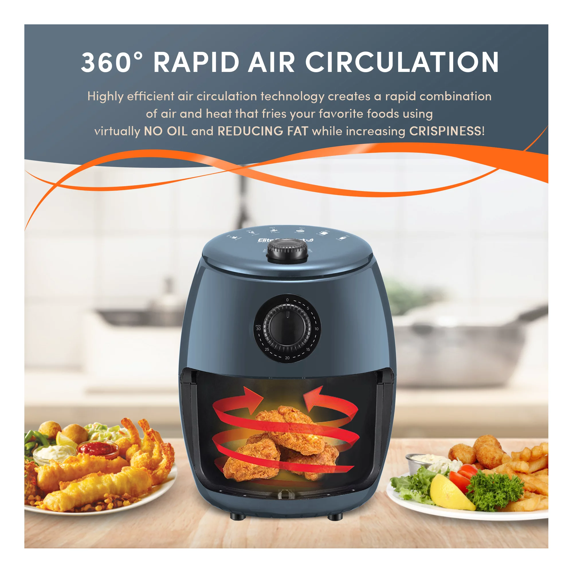 Elite Gourmet 2.1qt Hot Air Fryer. Oil-free Cooking. Blue Grey