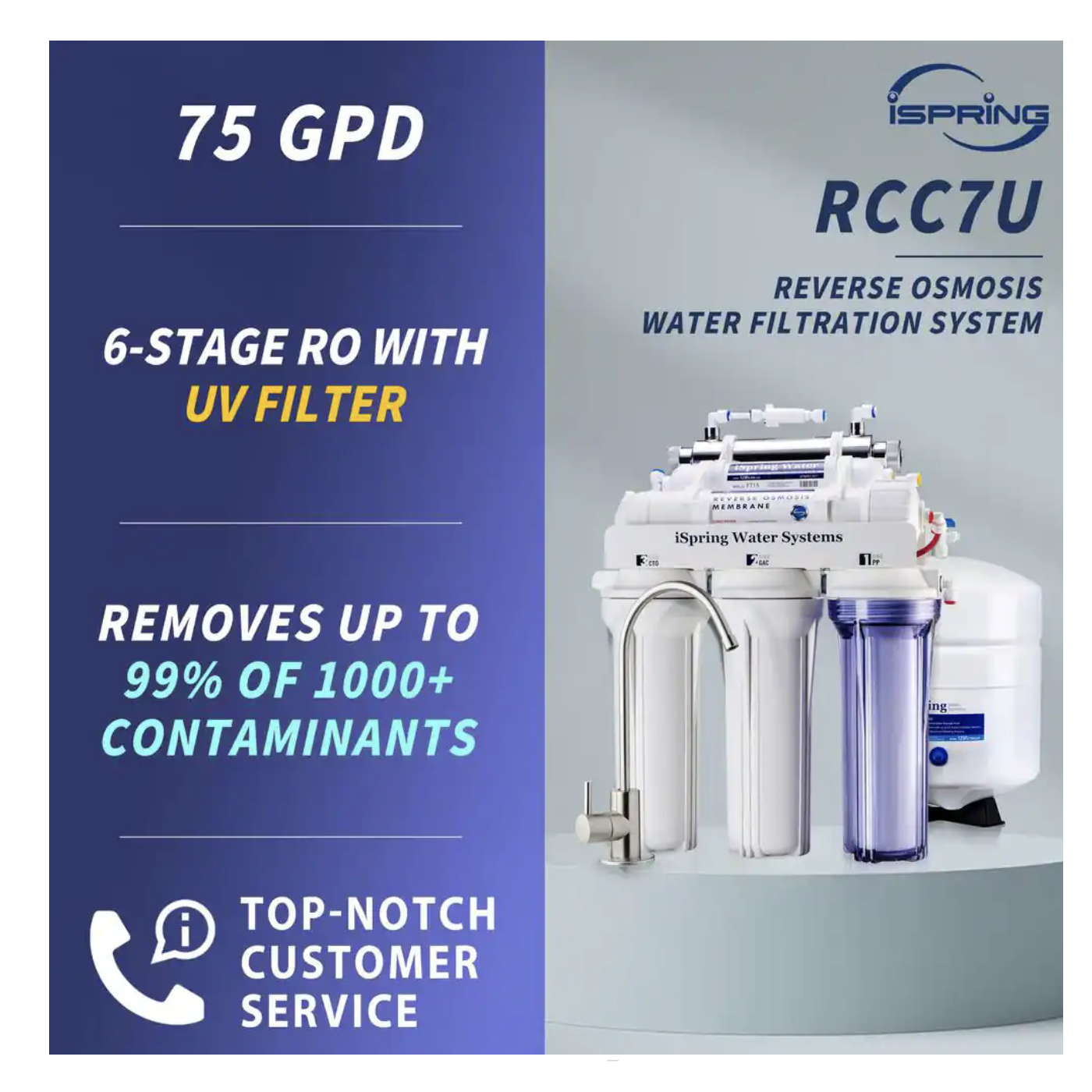 iSpring RCC7U 6-Stage with UV Water Filter 75GPD Under Sink Reverse Osmosis Drinking Water Filtration System