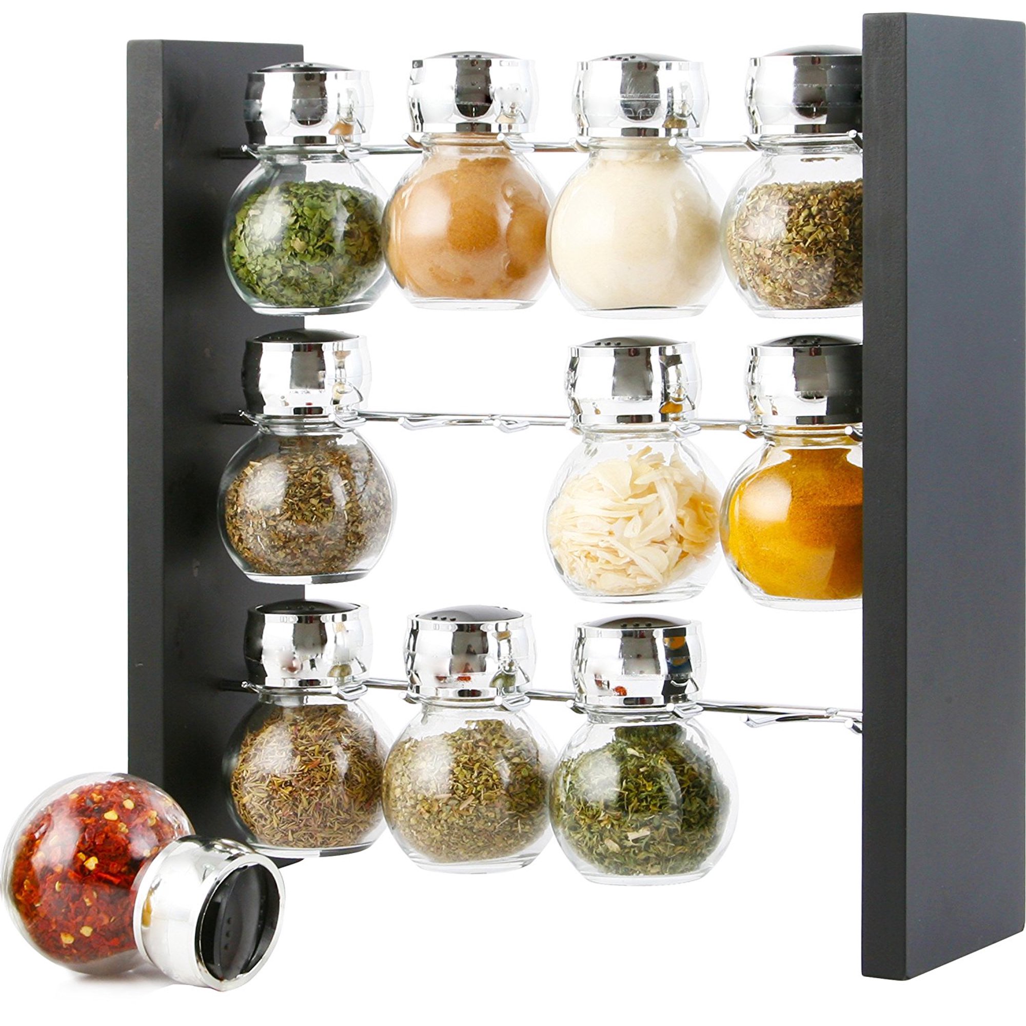 Blumwares Spice Rack Stand with 12 Clear Glass Bottles Sleek and Kitchen Organizer