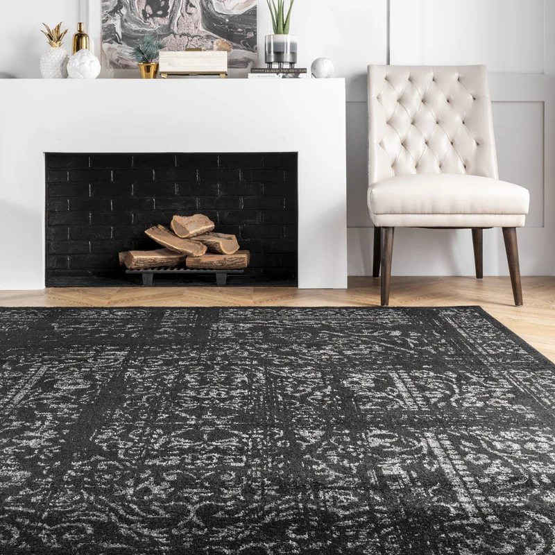 Williston Forge Adetoun Traditional Power Loom Performance Black/Gray Rug. Rectangle 10′ x 14′