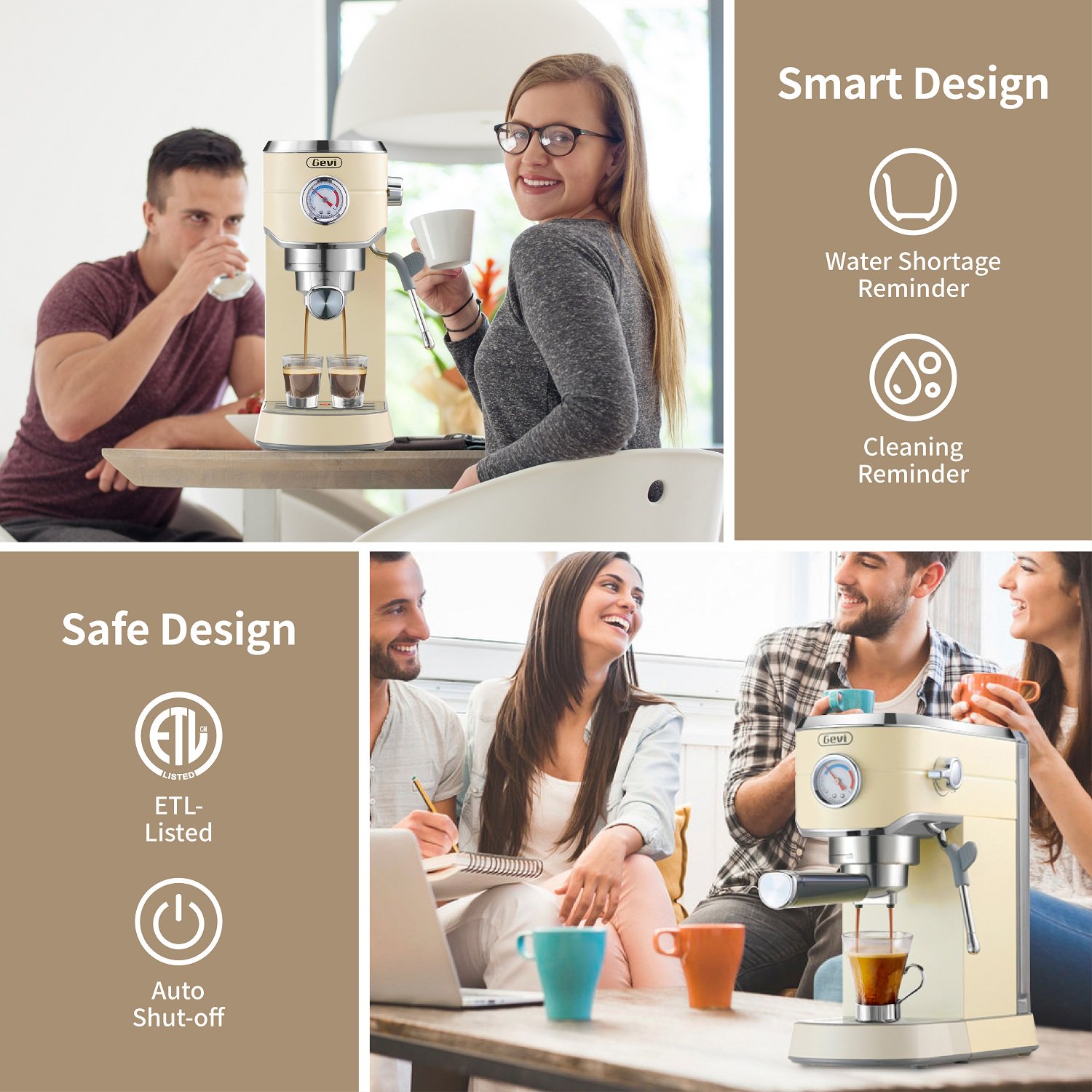 Gevi 20 Bar Compact Professional Espresso Coffee Machine. Beige Color. New Condition