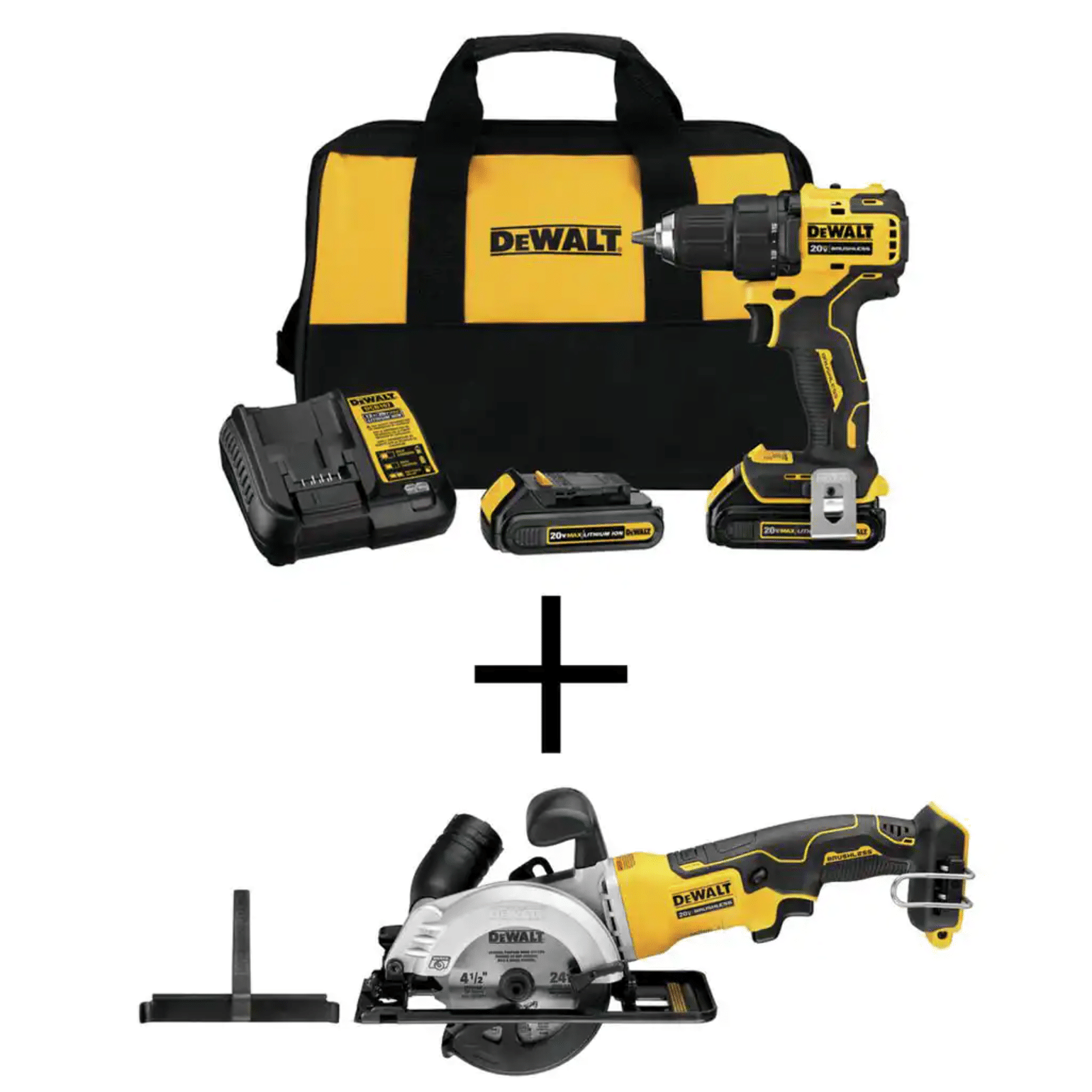 Dewalt Atomic 20V Max Cordless Brushless Compact 1/2 in. Drill/Driver. (2) 20-Volt 1.3Ah Batteries & 4-1/2 in. Circular Saw (DCD708C2W571B)