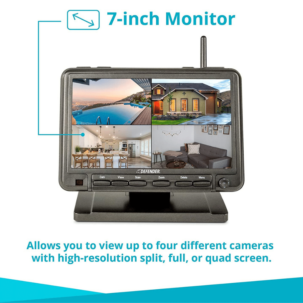 Defender PhoenixM2 Non-WiFi. Plug-In Power Security System with 2 Cameras. 7″ Display Monitor and SD Card Recording