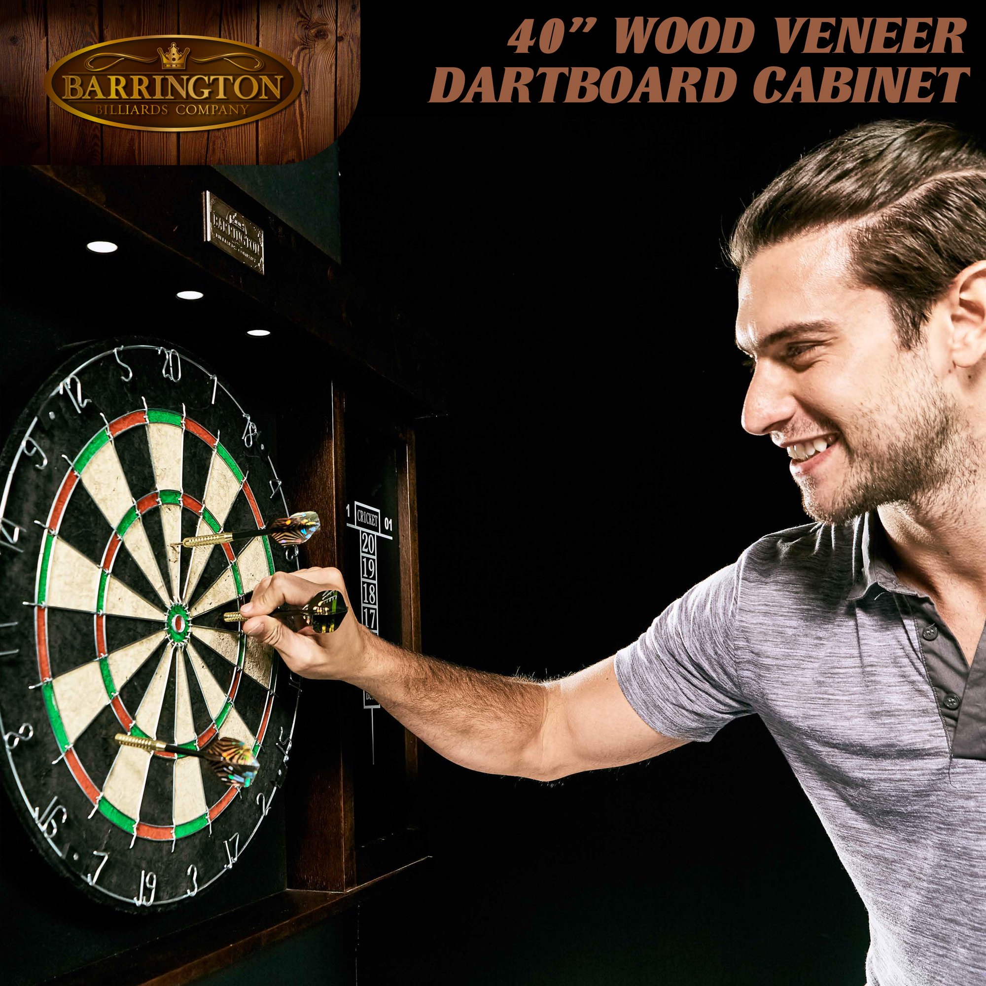 Barrington 40″ Dartboard Cabinet Set. LED Lights. Steel Tip Darts. Brown/Black