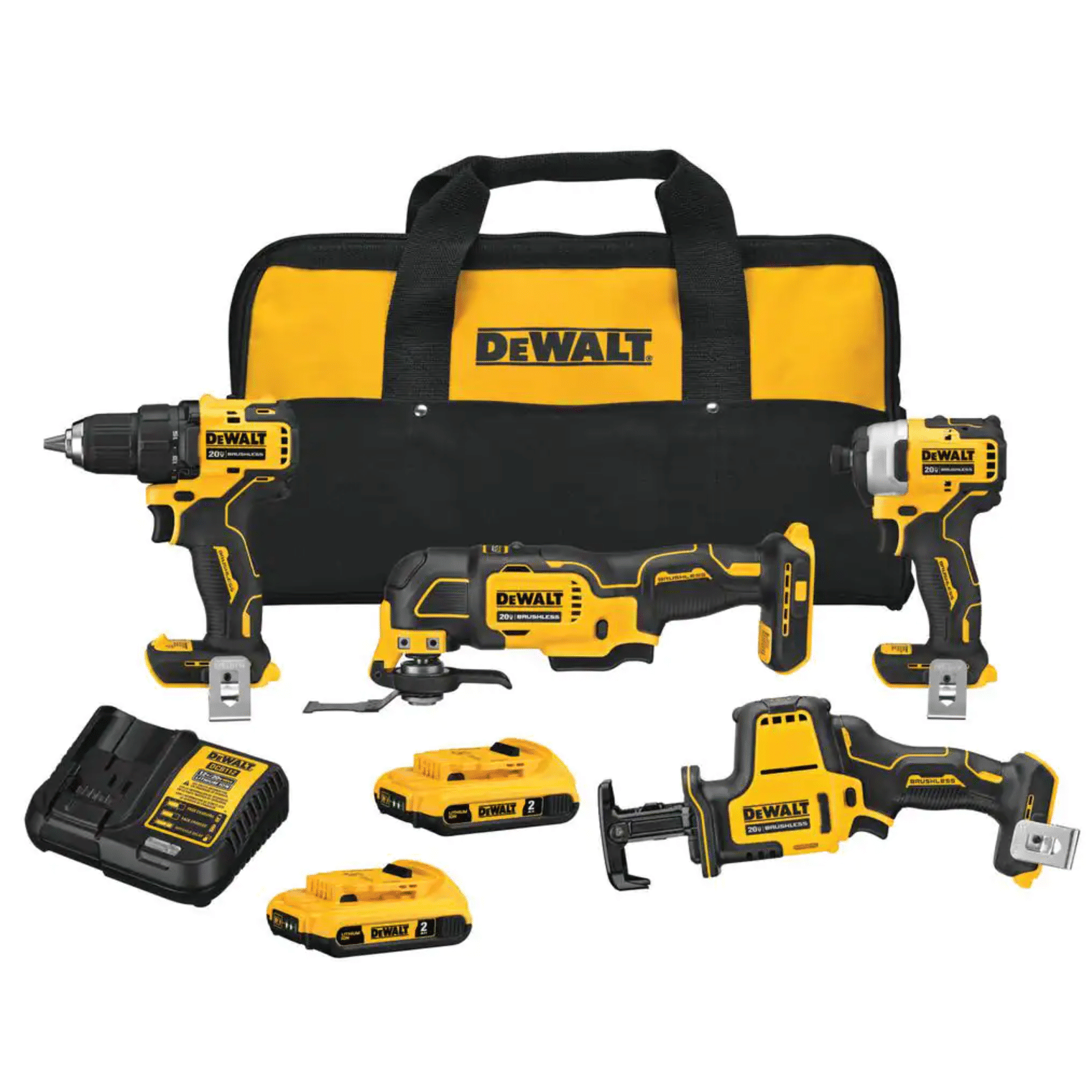 Dewalt Atomic 20-Volt MAX Cordless Brushless Combo Kit (4-Tool). (2) 2.0 Ah Batteries. Charger & Bag (DCK489D2)