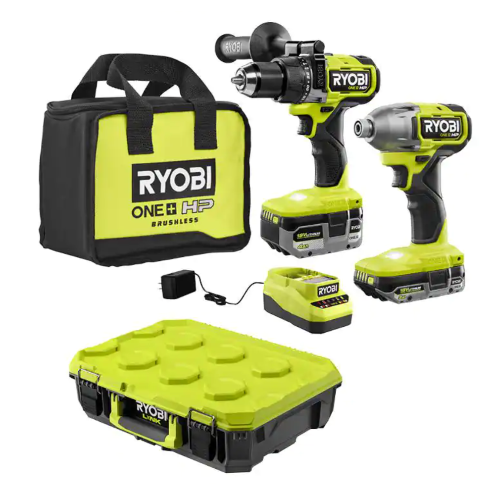Ryobi ONE+ HP 18V Brushless Cordless Hammer Drill & Impact Driver Kit w/Batteries. Charger & Bag w/LINK Standard Tool Box (PBLCK02K-STM101)