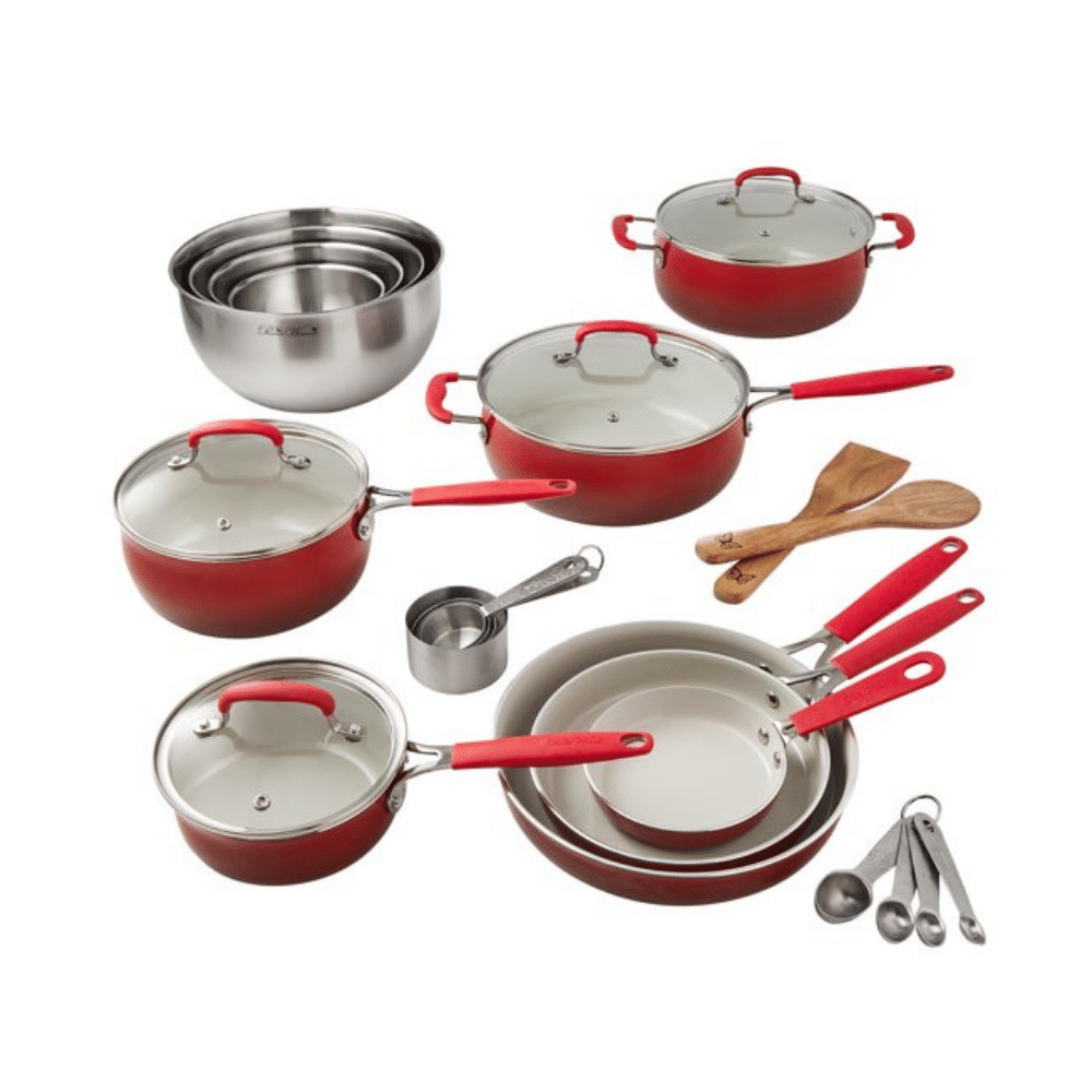 The Pioneer Woman 25 Piece Ceramic Nonstick Aluminum Easy Clean Cookware Set. Ombre Red