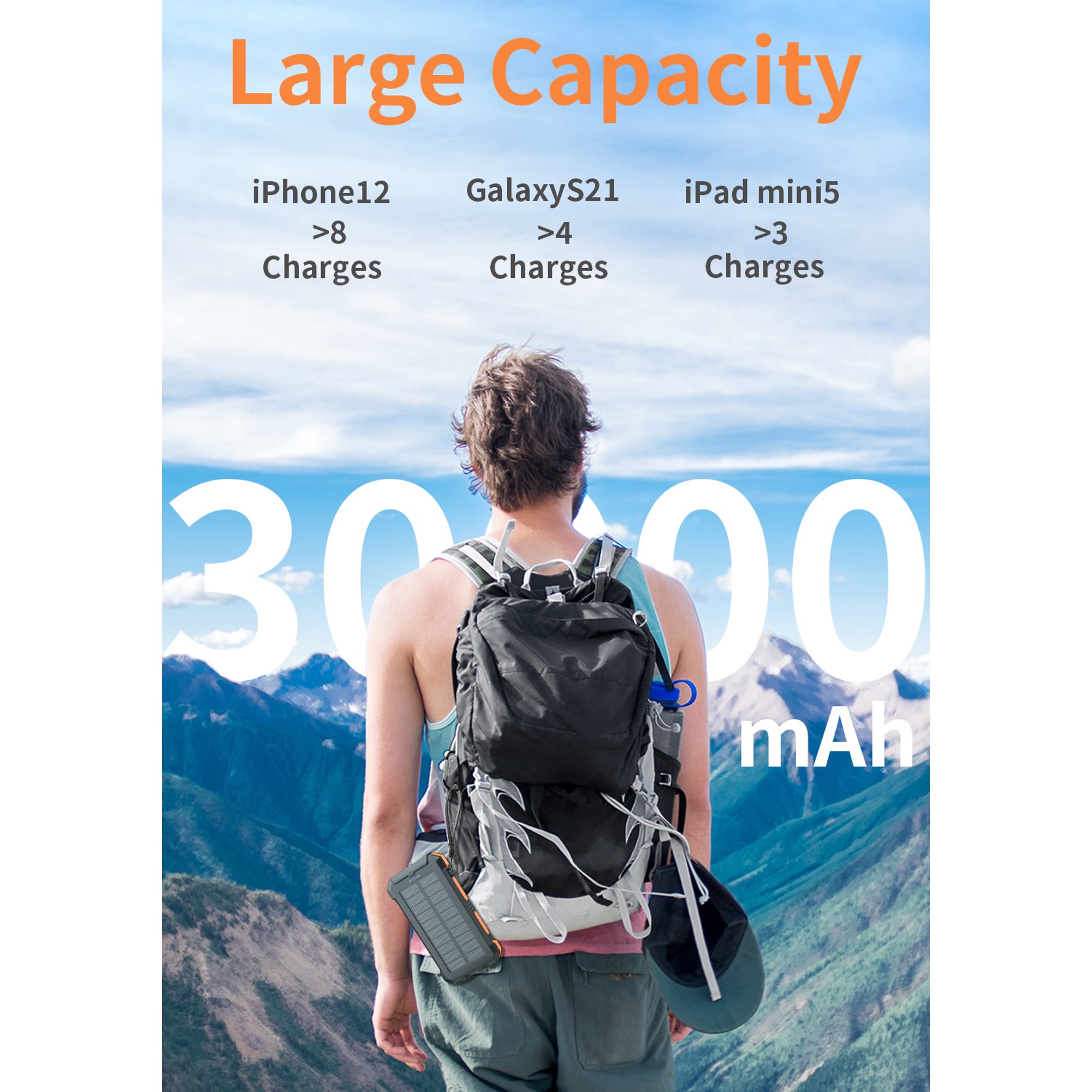 Durecopow 30000mAh Portable Solar Charger Bank with Dual 5V USB Ports. 2 LED Flashlights. Orange