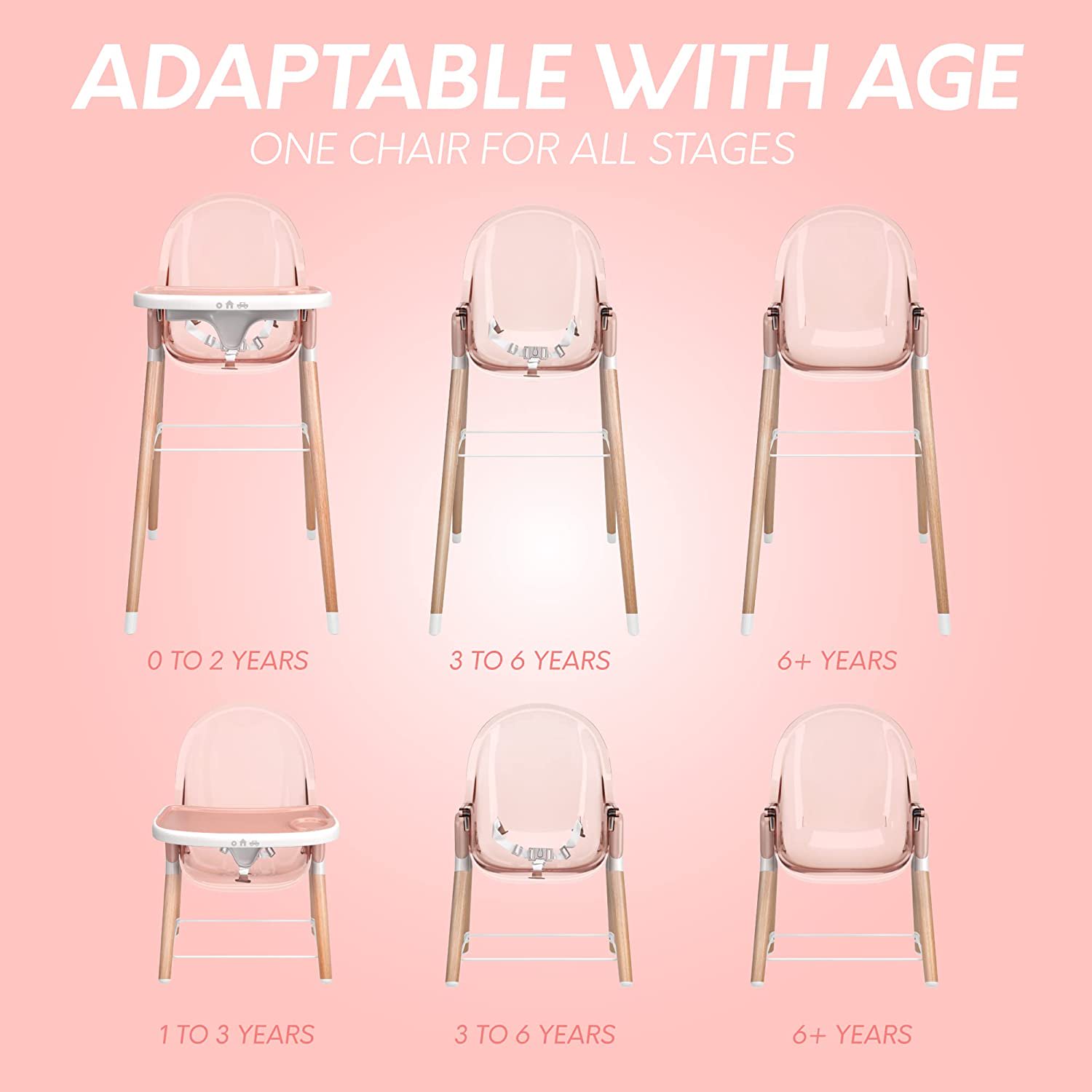 Children of Design 6-in-1 Deluxe High Chair. Safe & Compact Baby Highchair. 6 Options 3 Seat Positions 2 Heights 1 Chair. Pink