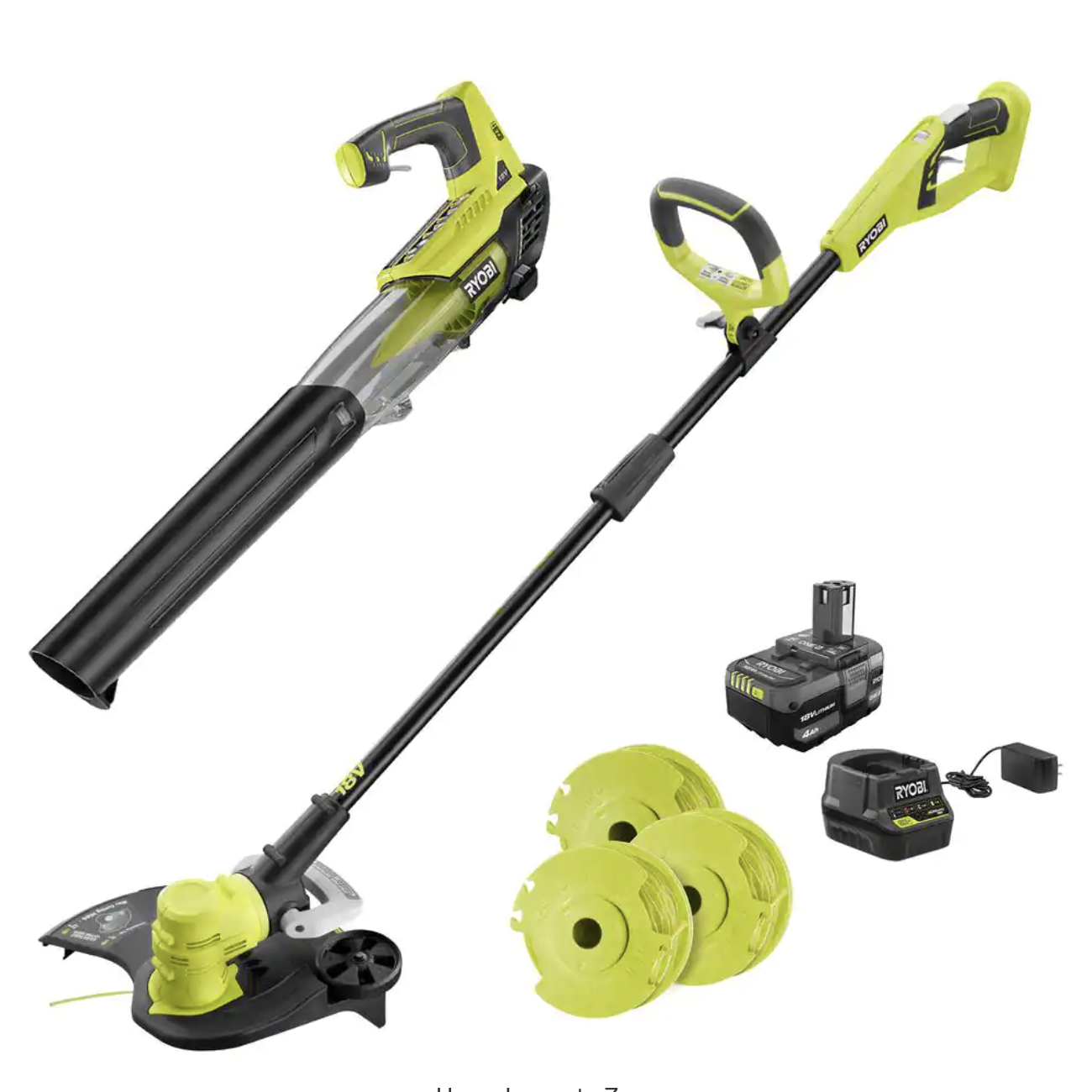 Ryobi ONE+ 18V Cordless String Trimmer/Edger and Blower with Extra 3-Pack of Spools. 4.0 Ah Battery and Charger (P2035-AC)