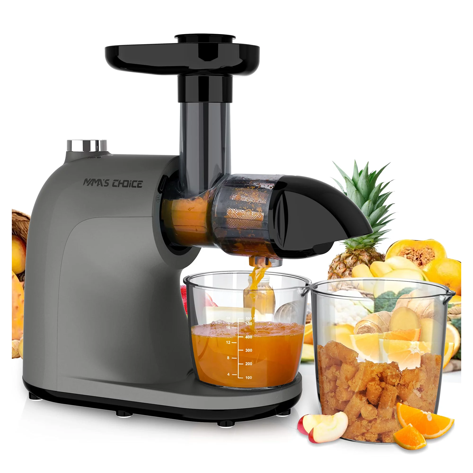 Mama-s Choice Slow Masticating Juicer. Cold Press Juicer Extractor Easy to Clean with Total Pulp Control. Gray