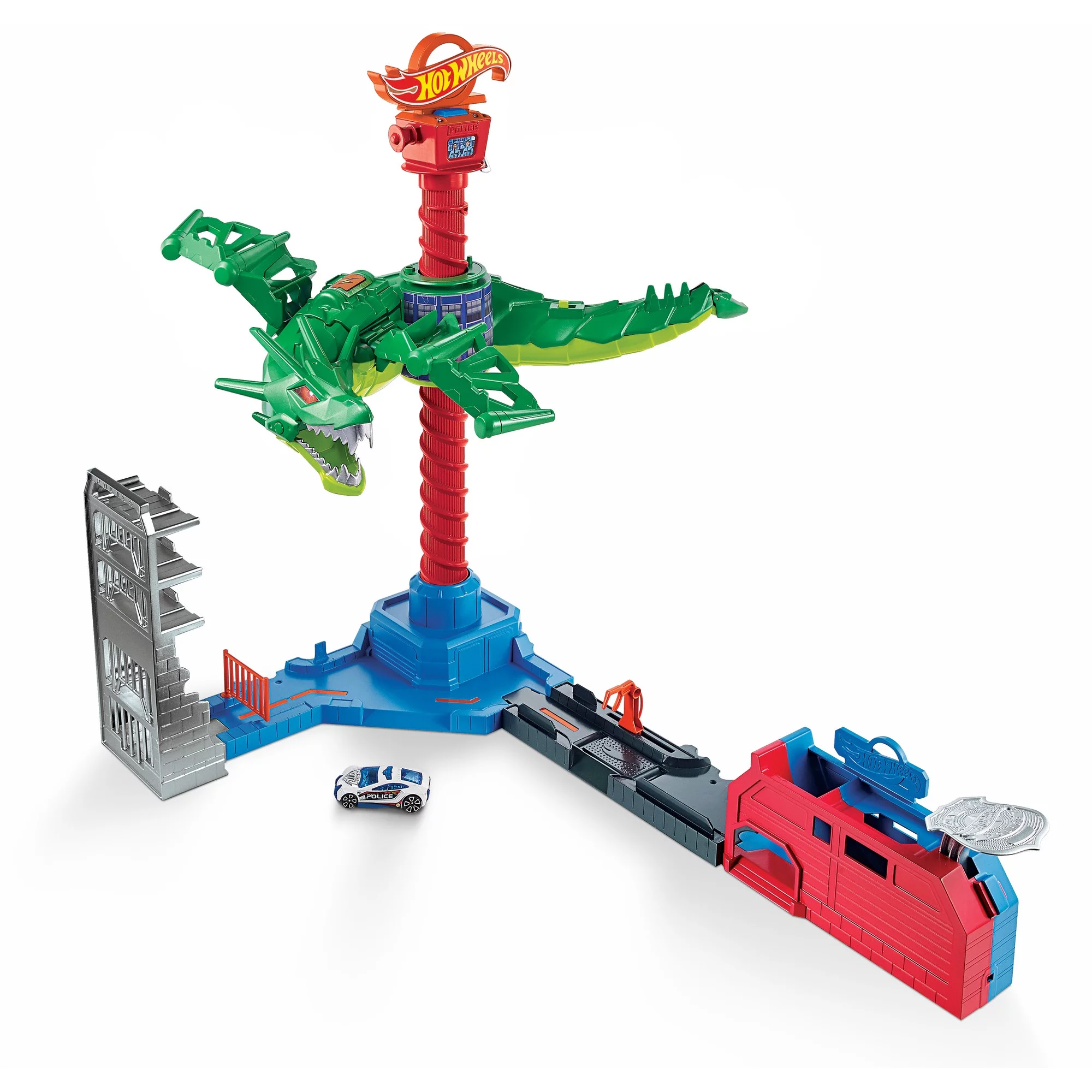Hot Wheels City Air Attack Robo Dragon Play Set Motorized with Different Sounds and 1 Hot Wheels Car