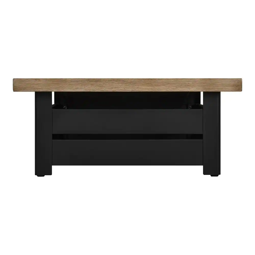 Hampton Bay Stoneham 34 in. x 15.5 in. Square Steel Black Wood Fire Pit With Wood-Look Tile Top