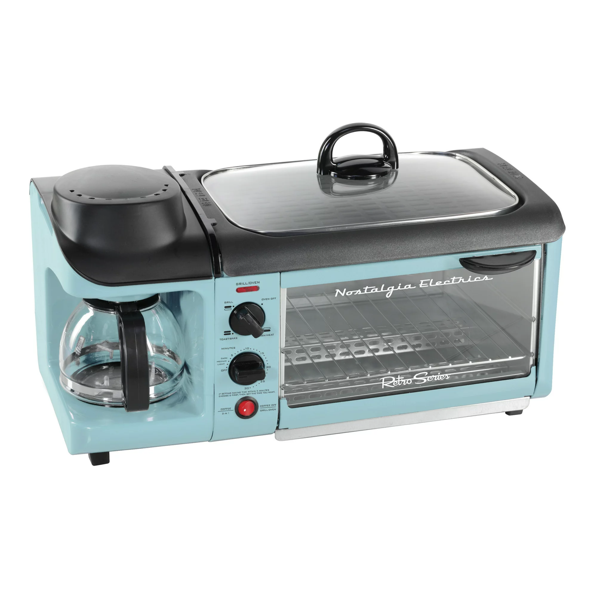 Nostalgia Retro 3-In-1 Family Size Electric Breakfast Station. Coffeemaker. Griddle. Toaster Oven. Aqua