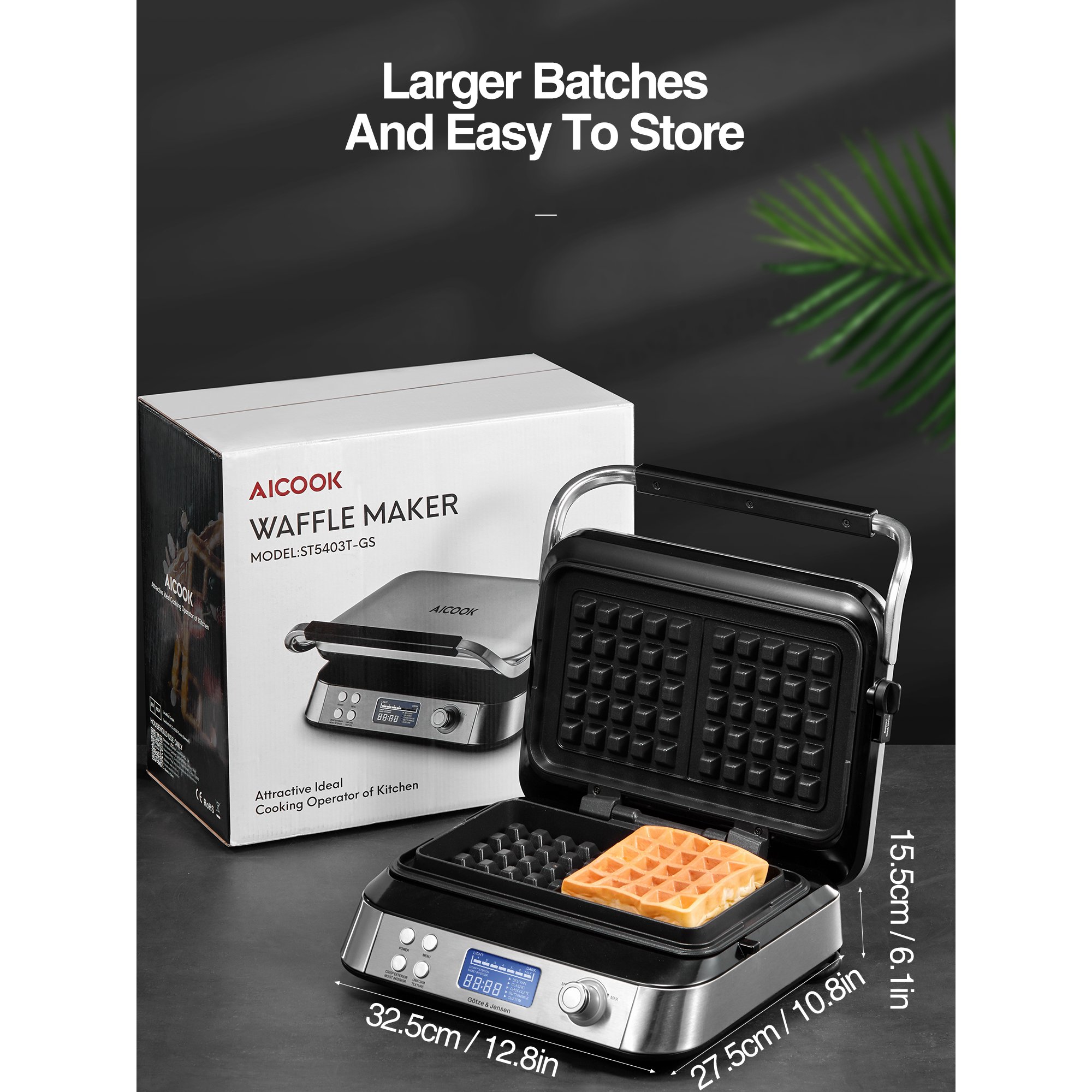 Aicook Waffle Maker Belgian 1600W. Digital Waffle Machine. 5 Programs. 7 Levels. Easy Clean. Silver