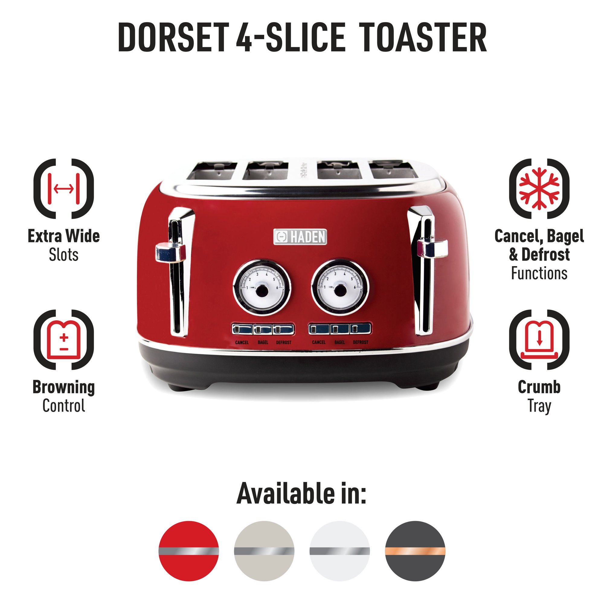 Haden 75040 Dorset Stainless Steel 4-Slice Toaster. Red