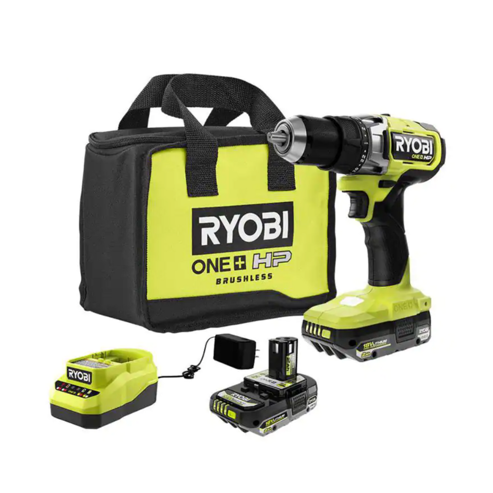 Ryobi One+ HP 18V Brushless Cordless 1/2 in. Drill/Driver Kit with (2) 2.0 Ah High Performance Batteries. Charger. and Bag