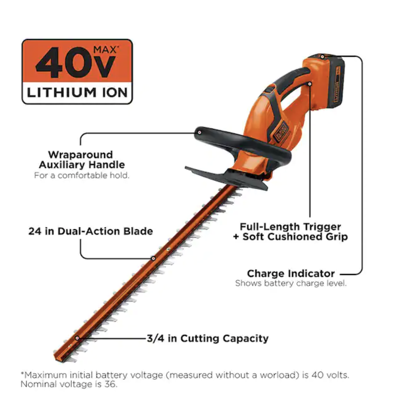 Black+Decker 40V MAX Cordless Battery Powered Hedge Trimmer Kit with (1) 1.5Ah Battery & Charger
