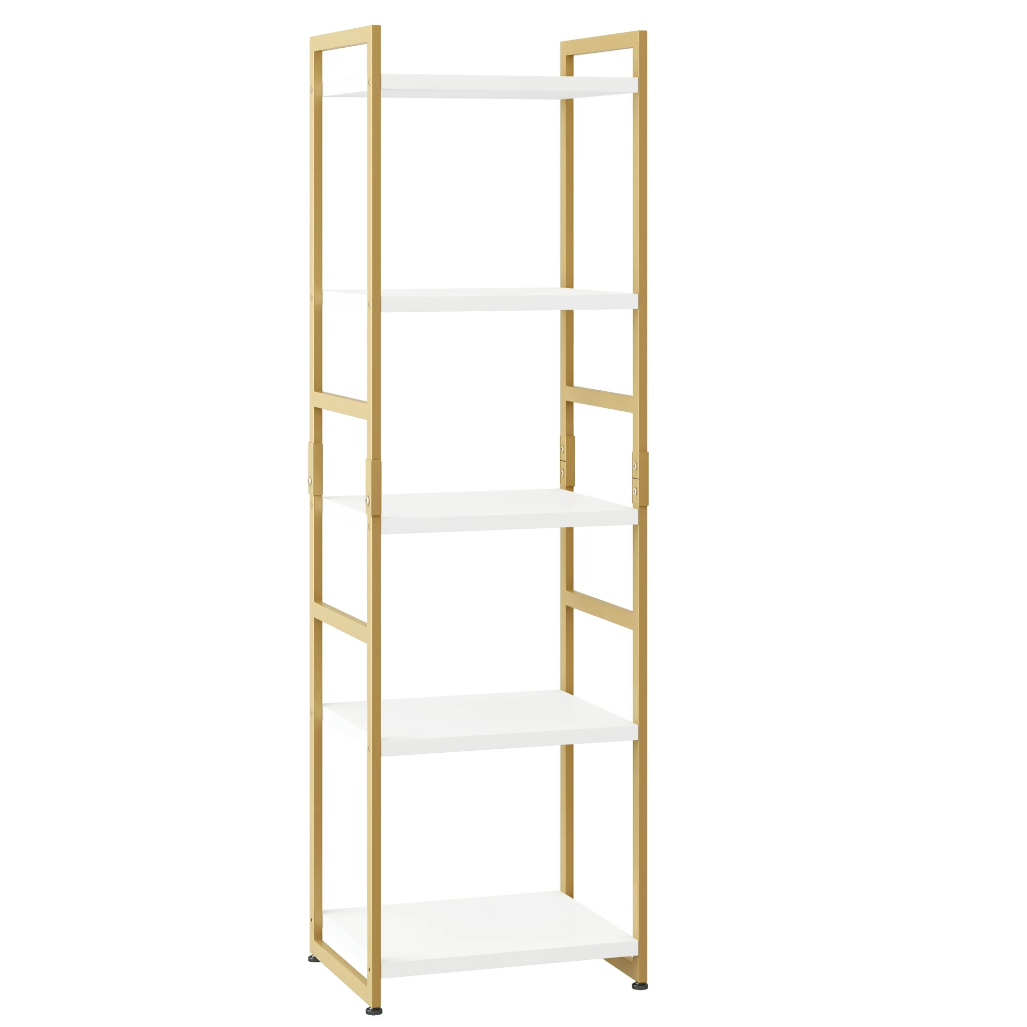 Homfa 5 Tier Gold and White Bookshelf. Tall Freestanding Storage Shelf with Metal Frame for Living Room