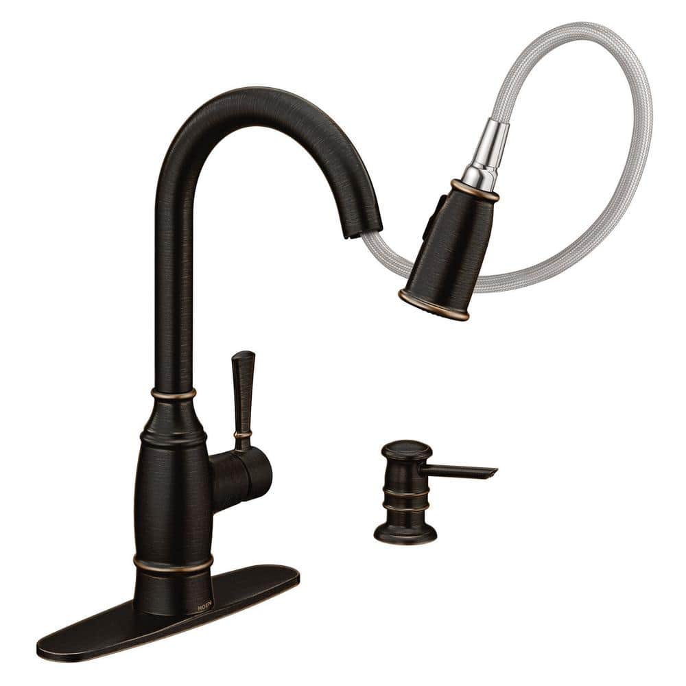Moen Noell Single-Handle Pull-Down Sprayer Kitchen Faucet With Reflex. Soap Dispenser And Power Clean In Mediterranean Bronze