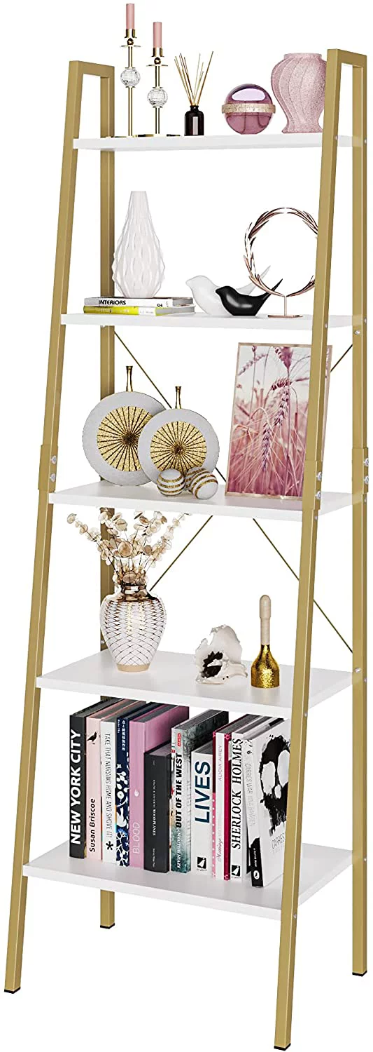 Homfa 5 Tier Gold Bookshelf. Modern Ladder Storage Shelf with Metal Frame. White and Gold Finish
