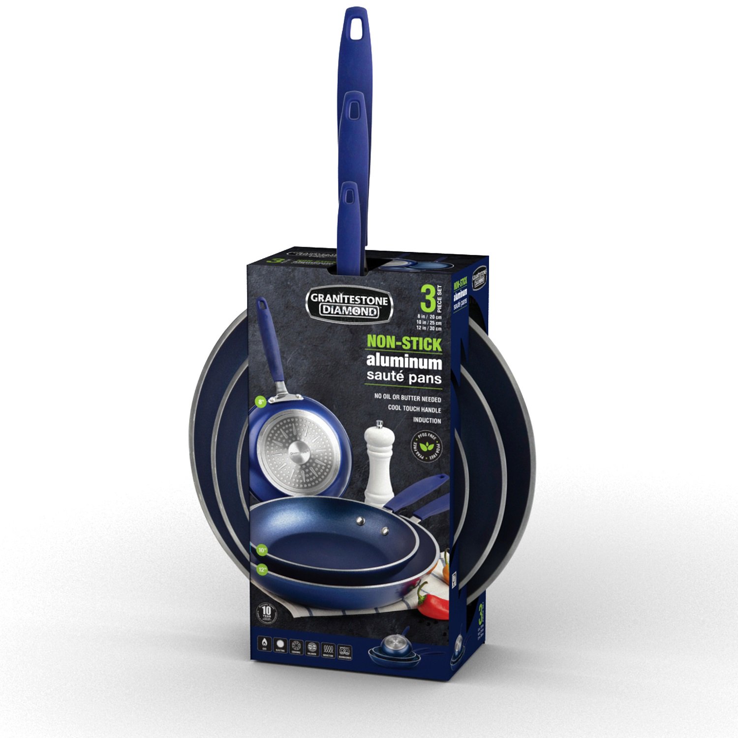 Granitestone Diamond 3-Piece Frying Pan Set. Nonstick Cookware. Blue