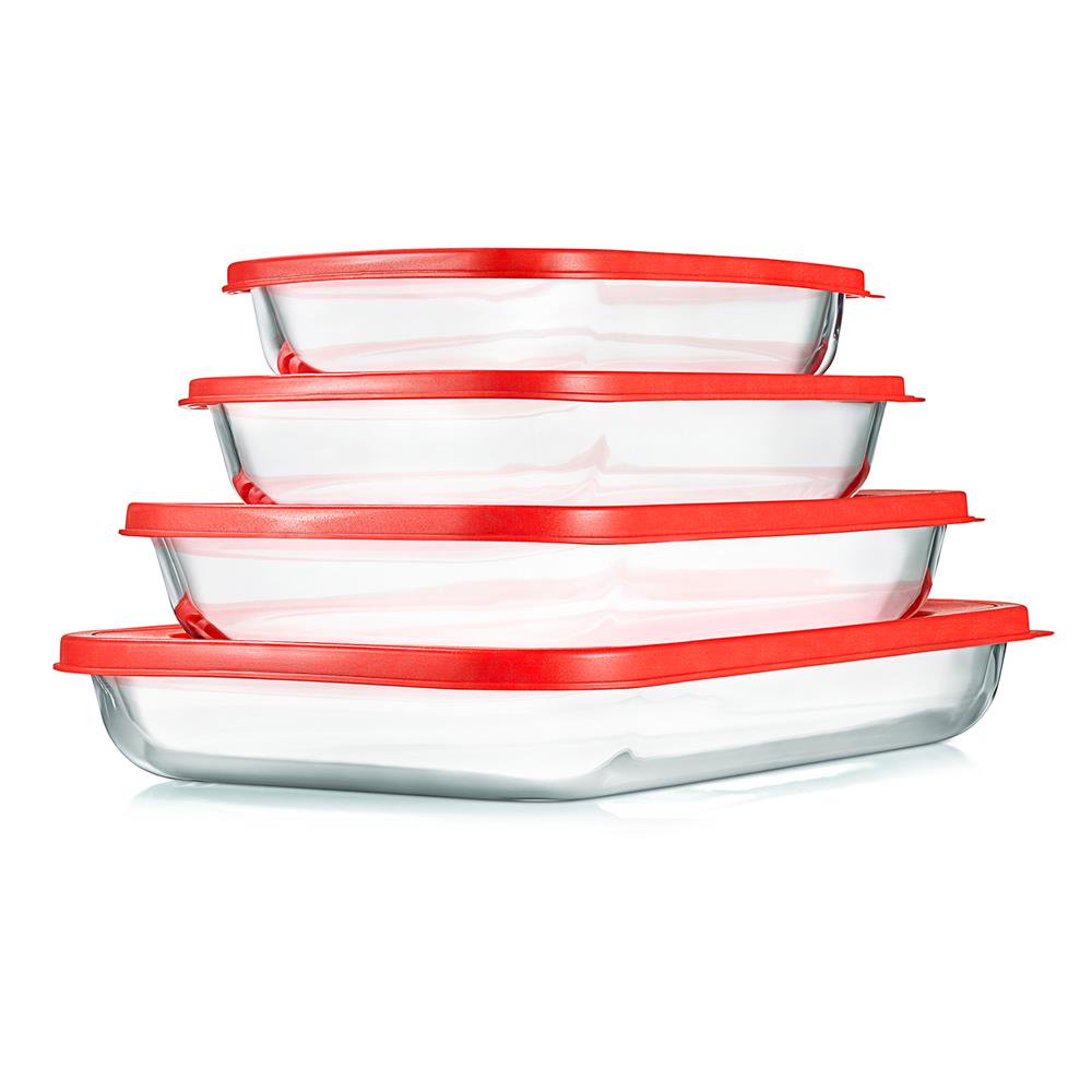 NutriChef 4 Sets Glass Bakeware - High Borosilicate Rectangular Glass Baking Dish with Red BPA-Free PE Lids