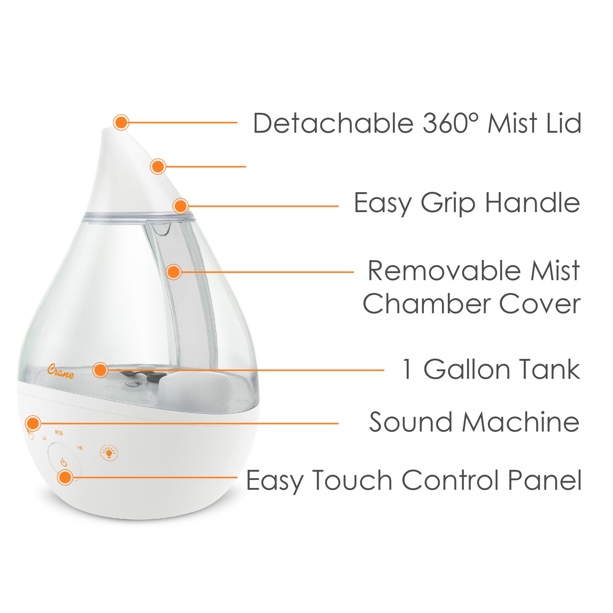 Crane Top Fill Drop 1 Gallon Ultrasonic Cool Mist Humidifier With Sound Machine. Grey