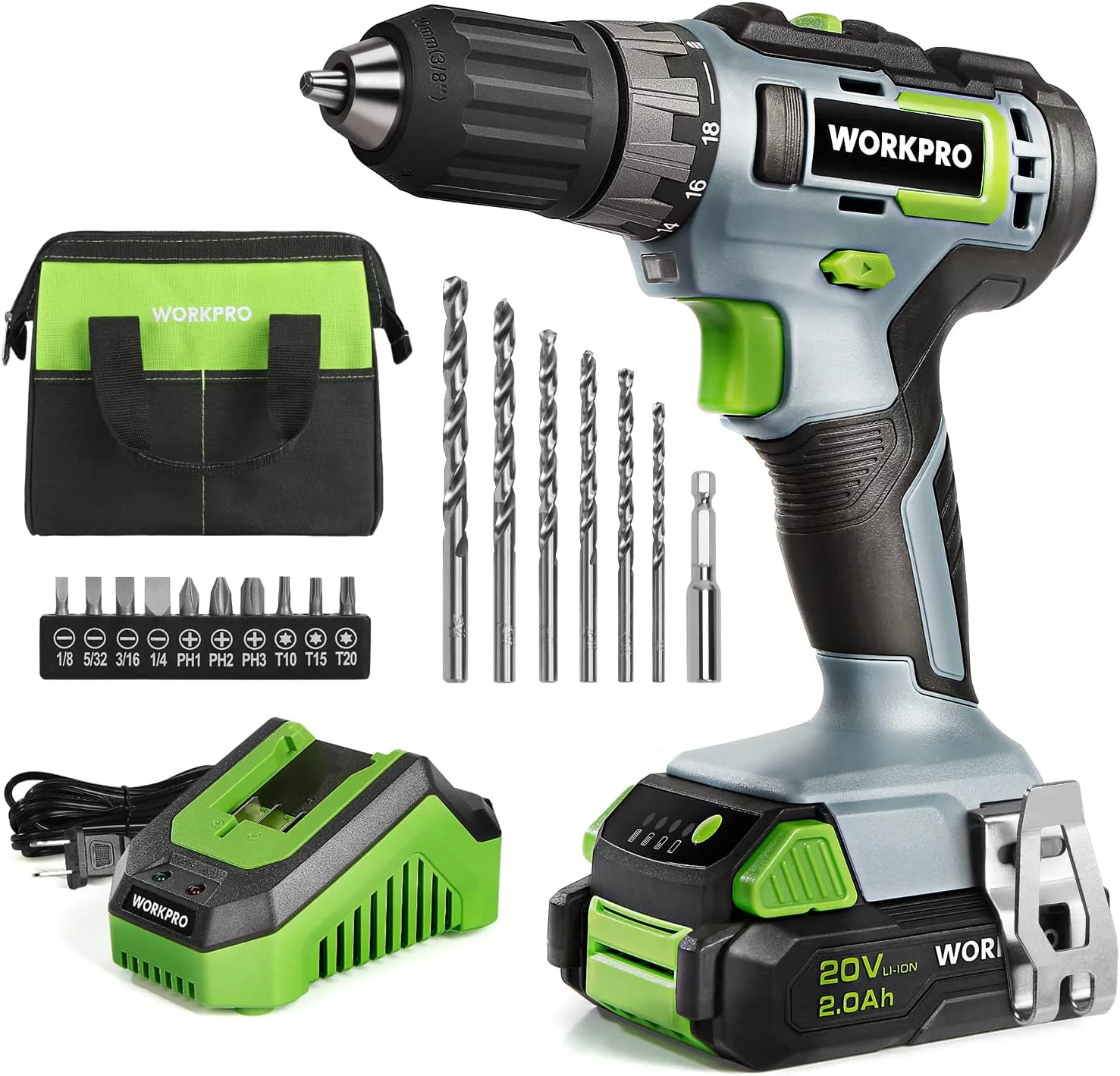 Workpro 20V Cordless Drill Driver Kit. 3/8” Keyless Chuck. 2.0 Ah Li-ion Battery. Green
