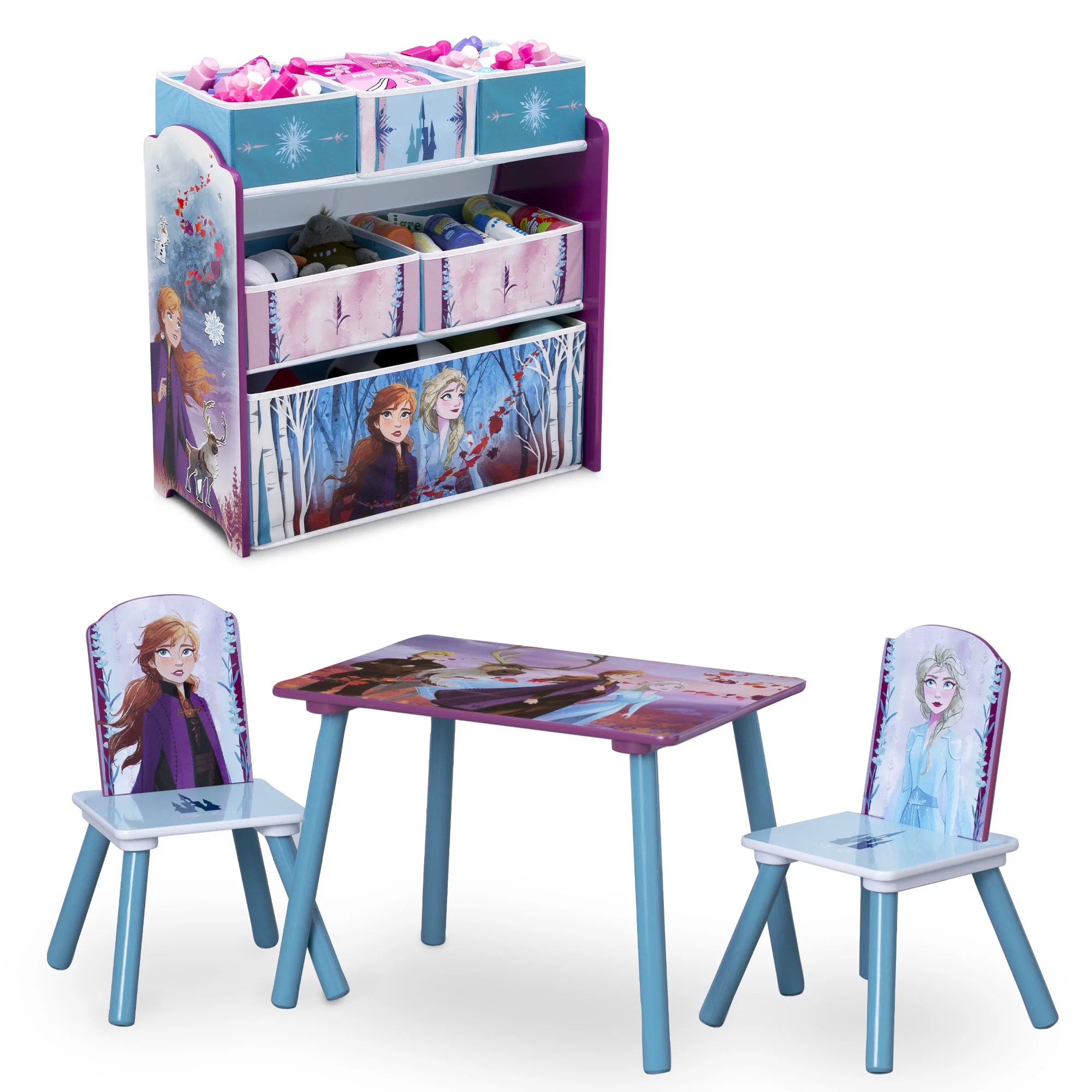 Delta Children Disney Frozen II 4Pcs Playroom Solution- Table. 2 Chairs and 6-Bin Toy Organizer