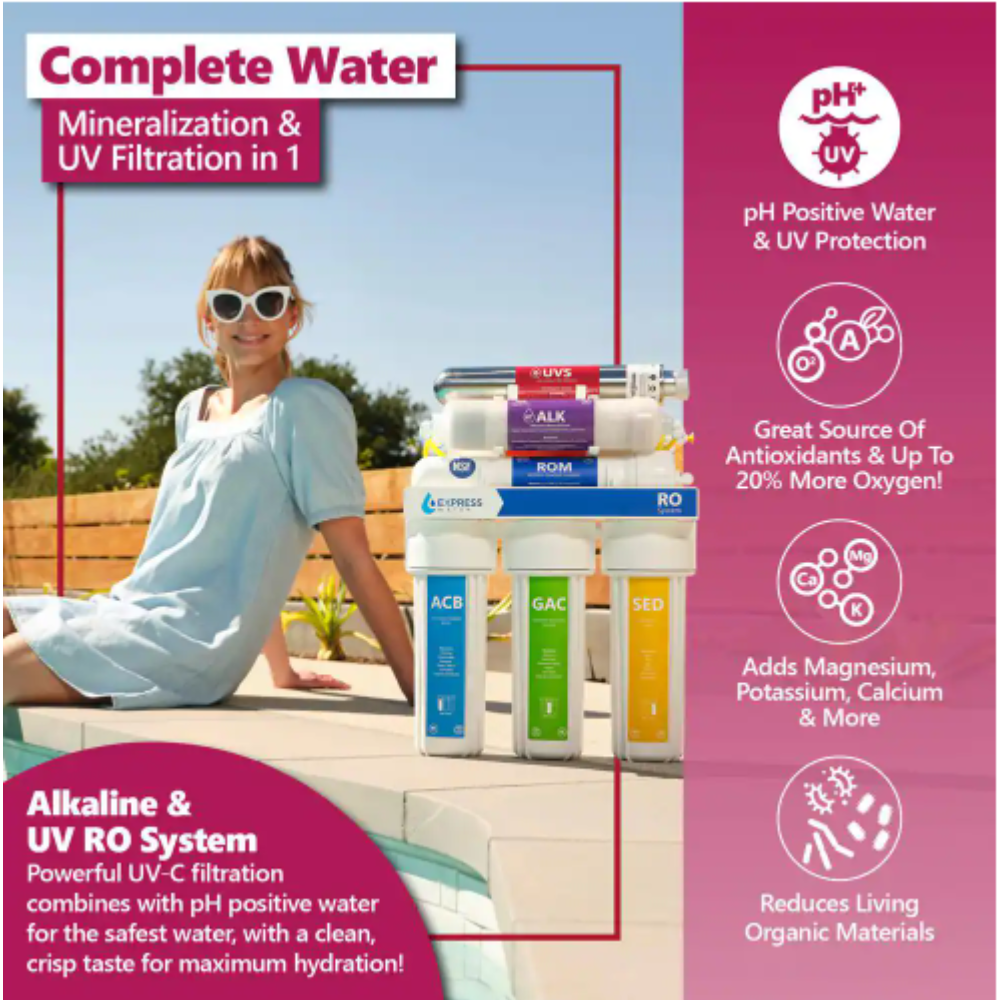 Express Water UV Reverse Osmosis Water Filtration System - 11 Stage UV Water Filter with Faucet and Tank - 100 GDP