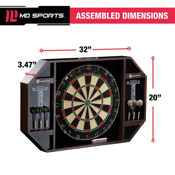 MD Sports Bristle Dartboard Cabinet Set. LED Light. Steel Tip Darts. Brown/Black