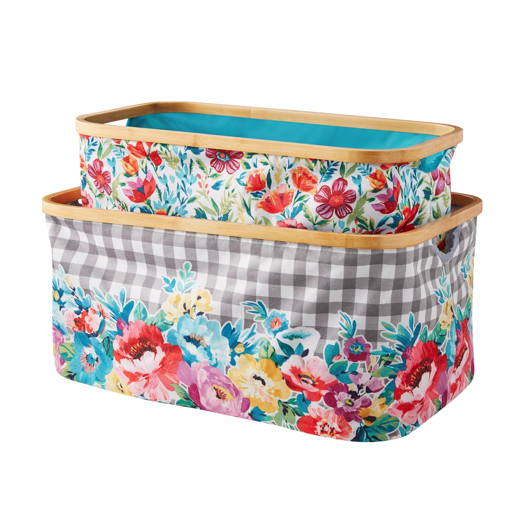 The Pioneer Woman Sweet Romance Collapsible 2-Piece Polyester Basket Set with Bamboo Rim