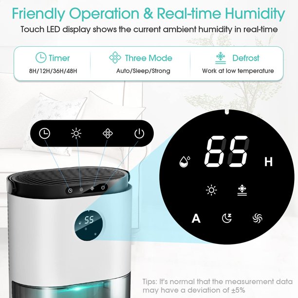 Auzkin 78oz 2300ml Dehumidifier for Home 4500 Cubic Feet 480 Sq ft Portable Ultra Quiet Dehumidifiers