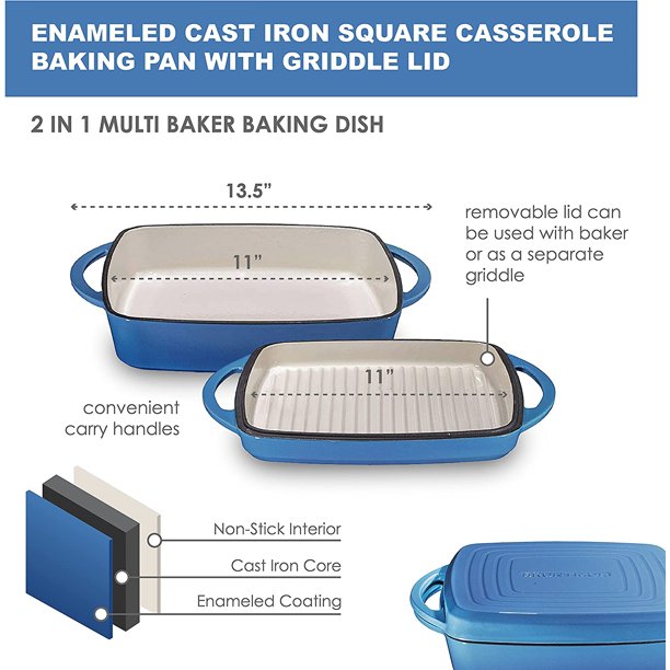 Bruntmor 2 in 1 Enameled Square Cast Iron Baking Pan Cookware Dish With Grill (Blue Whale)